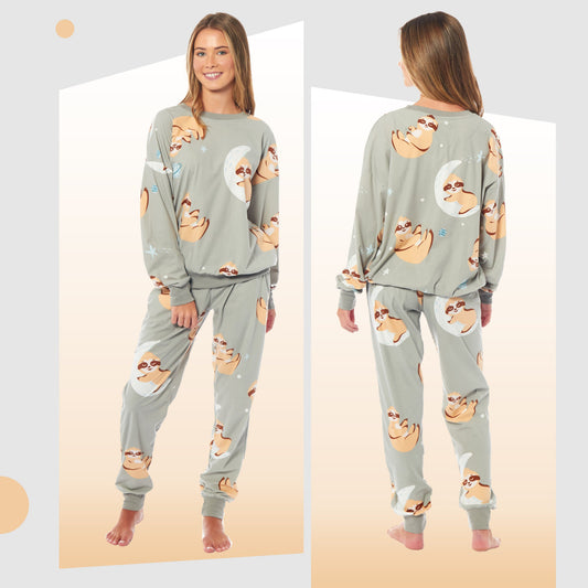 OLIVIA ROCCO Women's Sloth Soft Fleece Pyjama Set Long Sleeve Animal Print Warm Sleepwear Loungewear For Ladies Cozy Comfort Fit