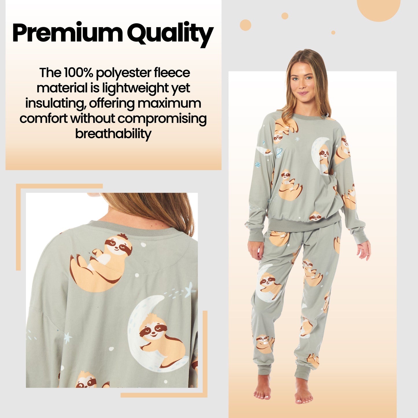 OLIVIA ROCCO Women's Sloth Soft Fleece Pyjama Set Long Sleeve Animal Print Warm Sleepwear Loungewear For Ladies Cozy Comfort Fit