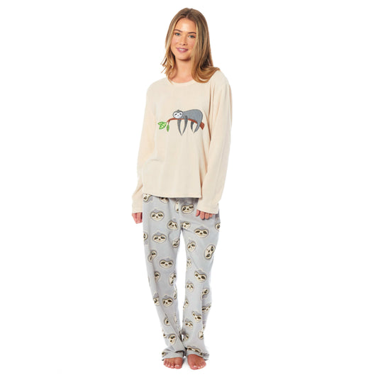 OLIVIA ROCCO Women's Thermal Fleece Pyjamas Set Sloth Animal Print Long Sleeve Top And Bottom Winter Sleepwear Polyester