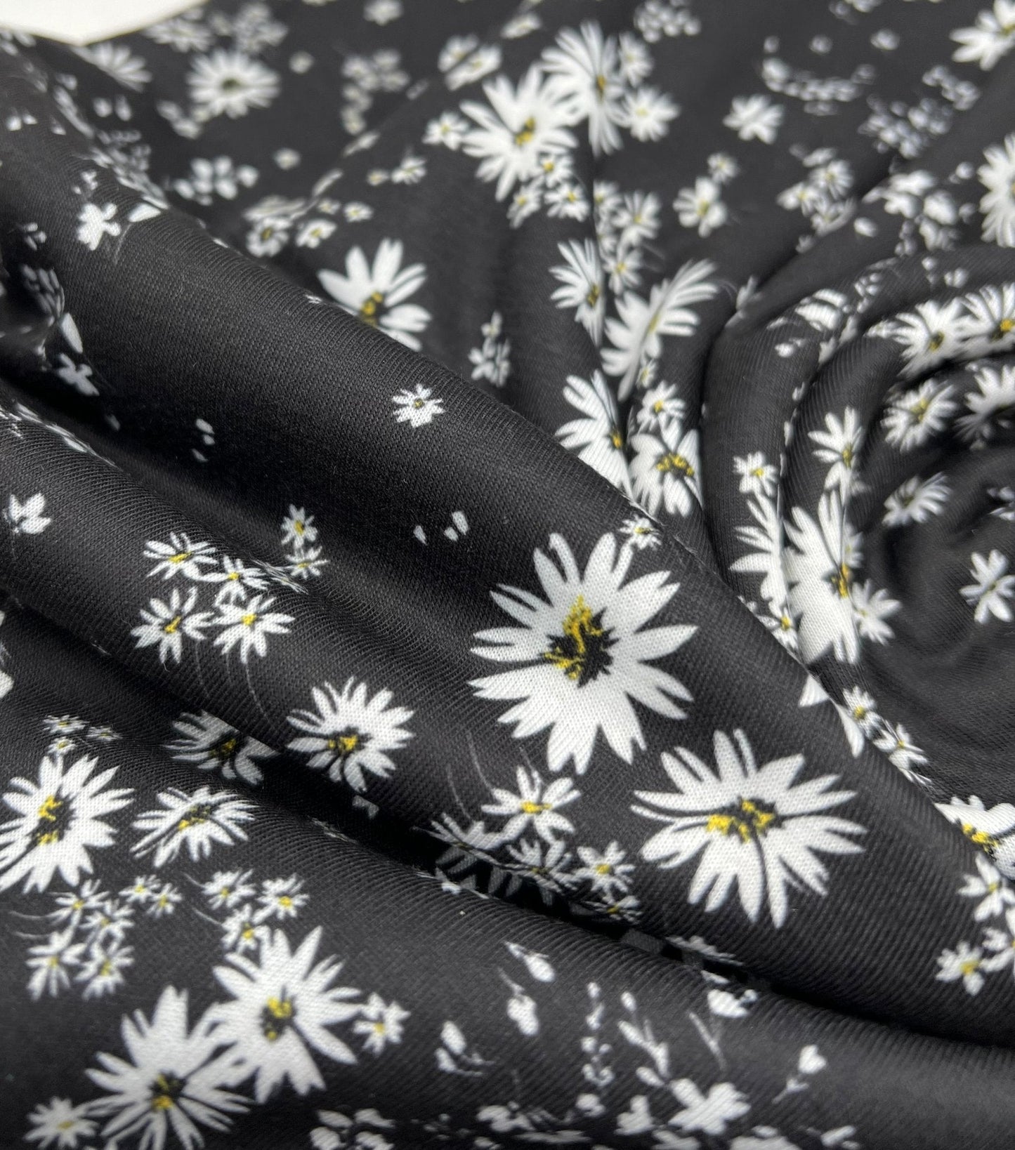 Daisy white black Print Spun Poly Stretch Fabric