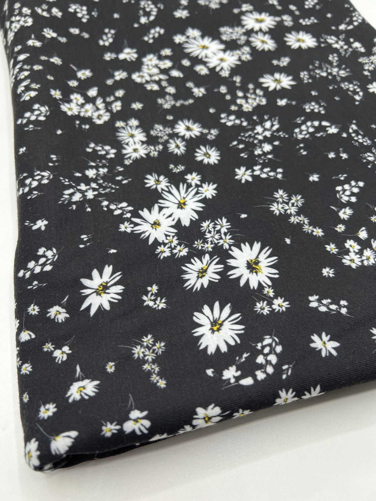 Daisy white black Print Spun Poly Stretch Fabric