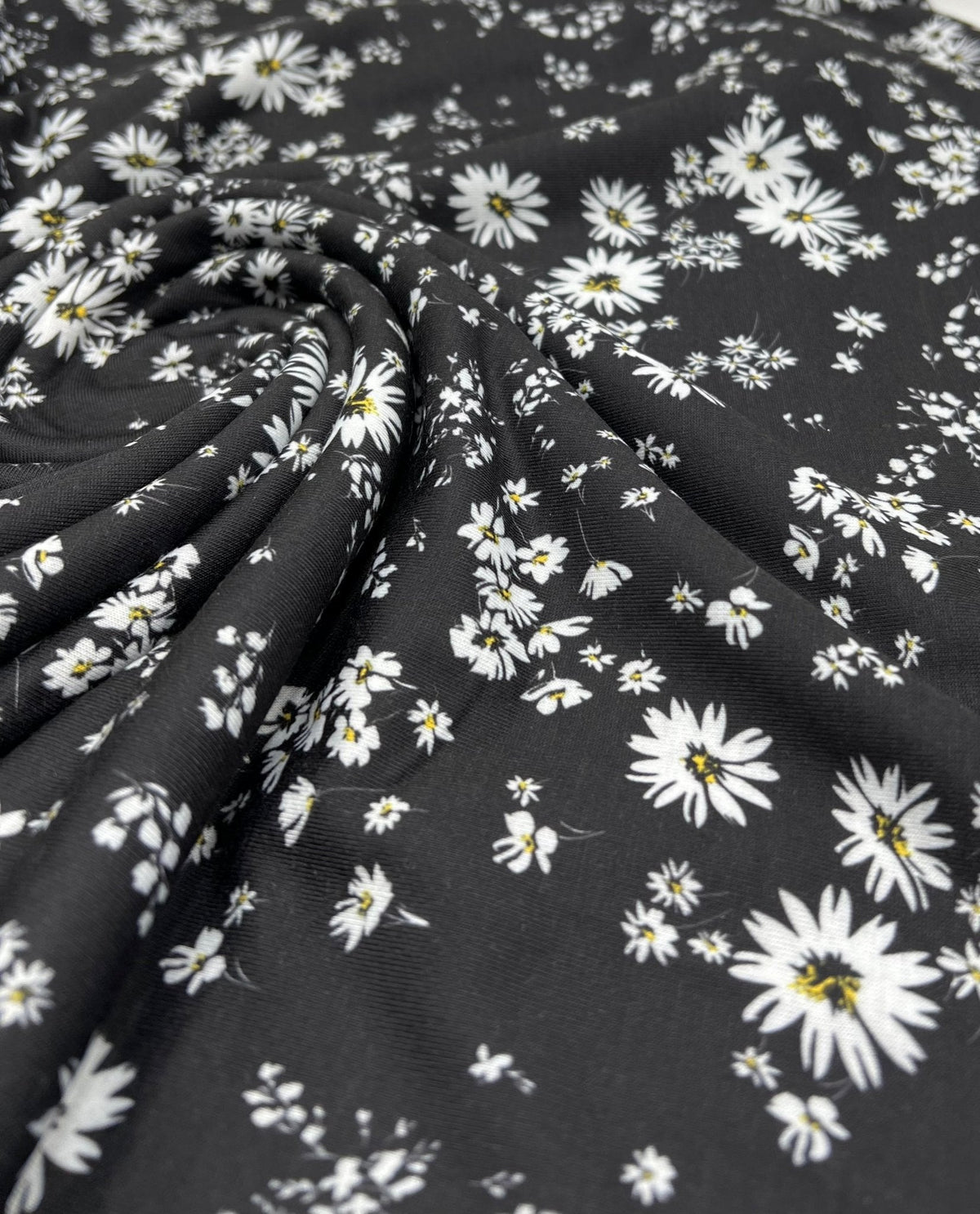 Daisy white black Print Spun Poly Stretch Fabric