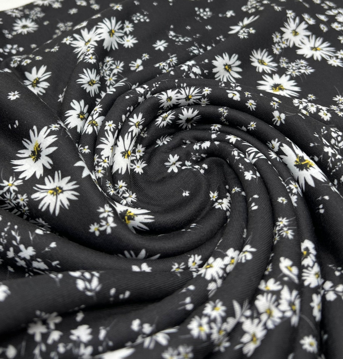 Daisy white black Print Spun Poly Stretch Fabric