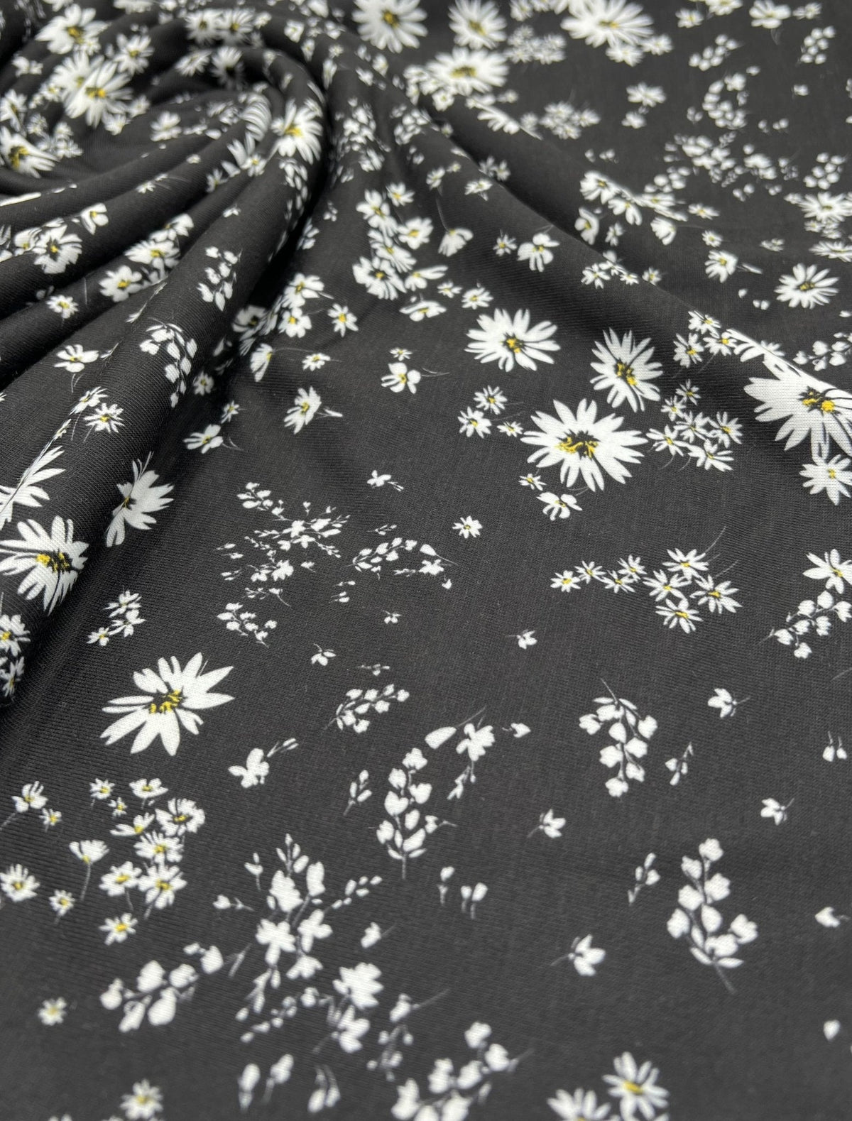 Daisy white black Print Spun Poly Stretch Fabric