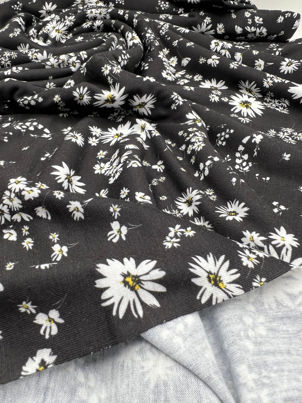 Daisy white black Print Spun Poly Stretch Fabric