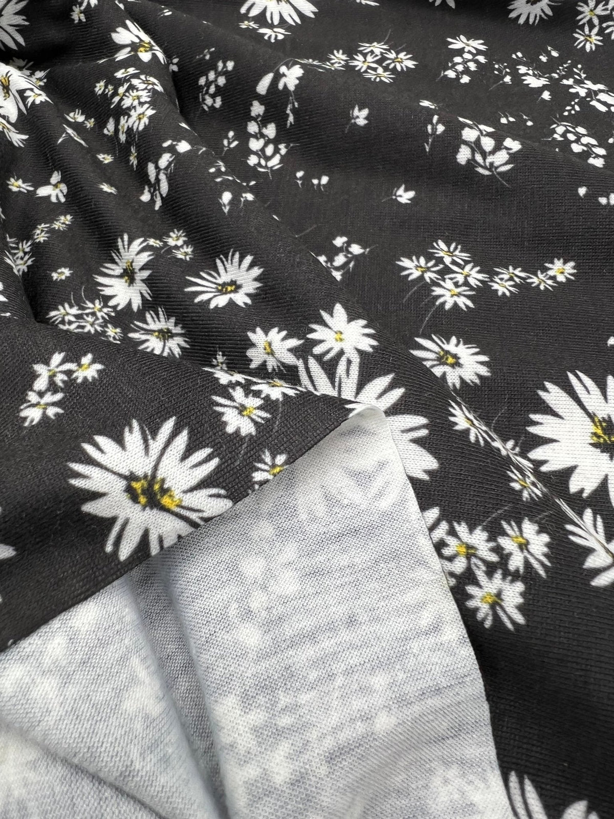 Daisy white black Print Spun Poly Stretch Fabric