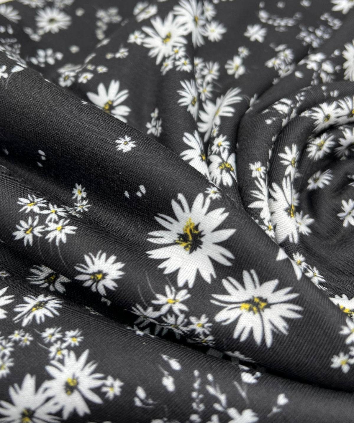 Daisy white black Print Spun Poly Stretch Fabric