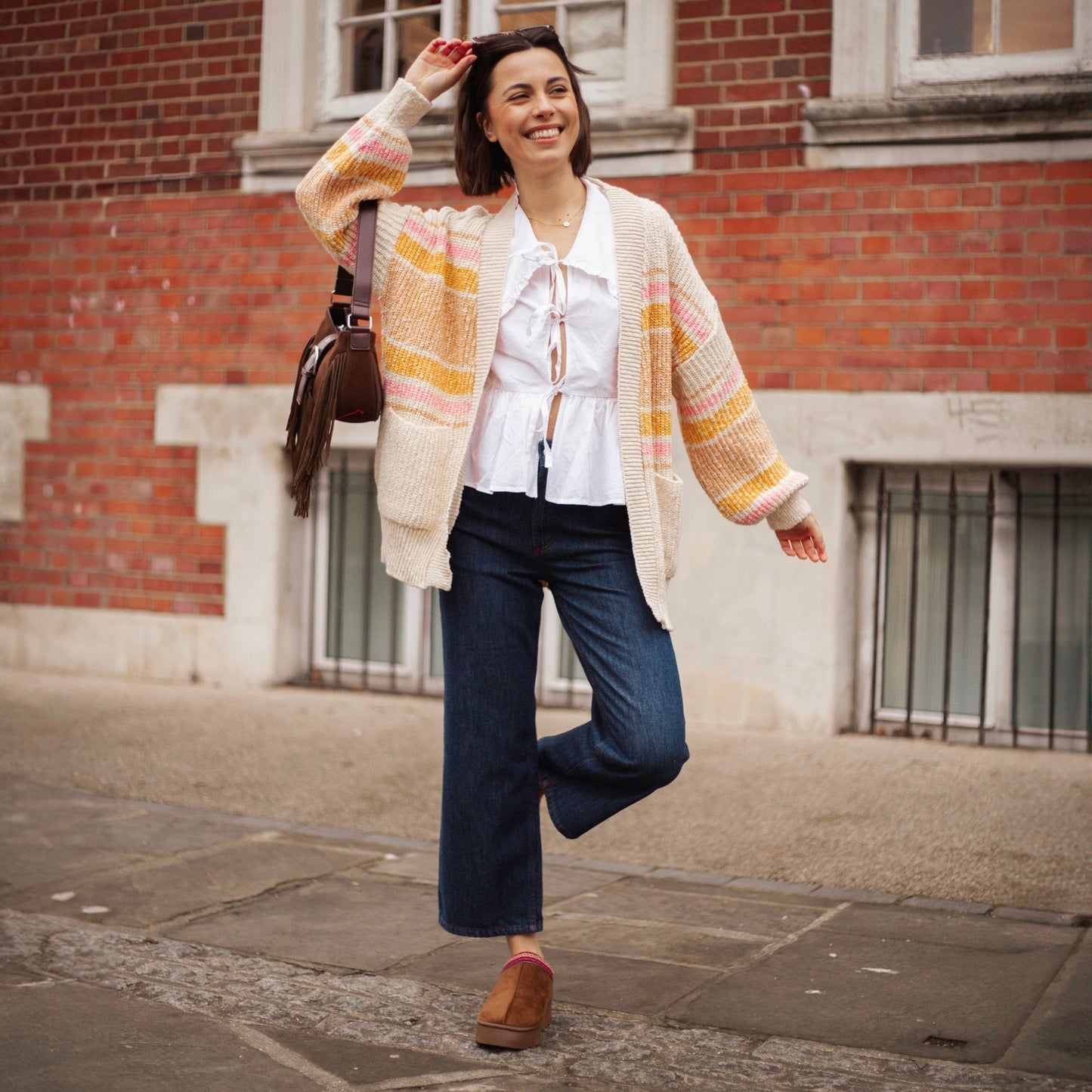 Dani Recycled Cotton Blend Chunky Balloon Sleeve Stripe Cardigan - White
