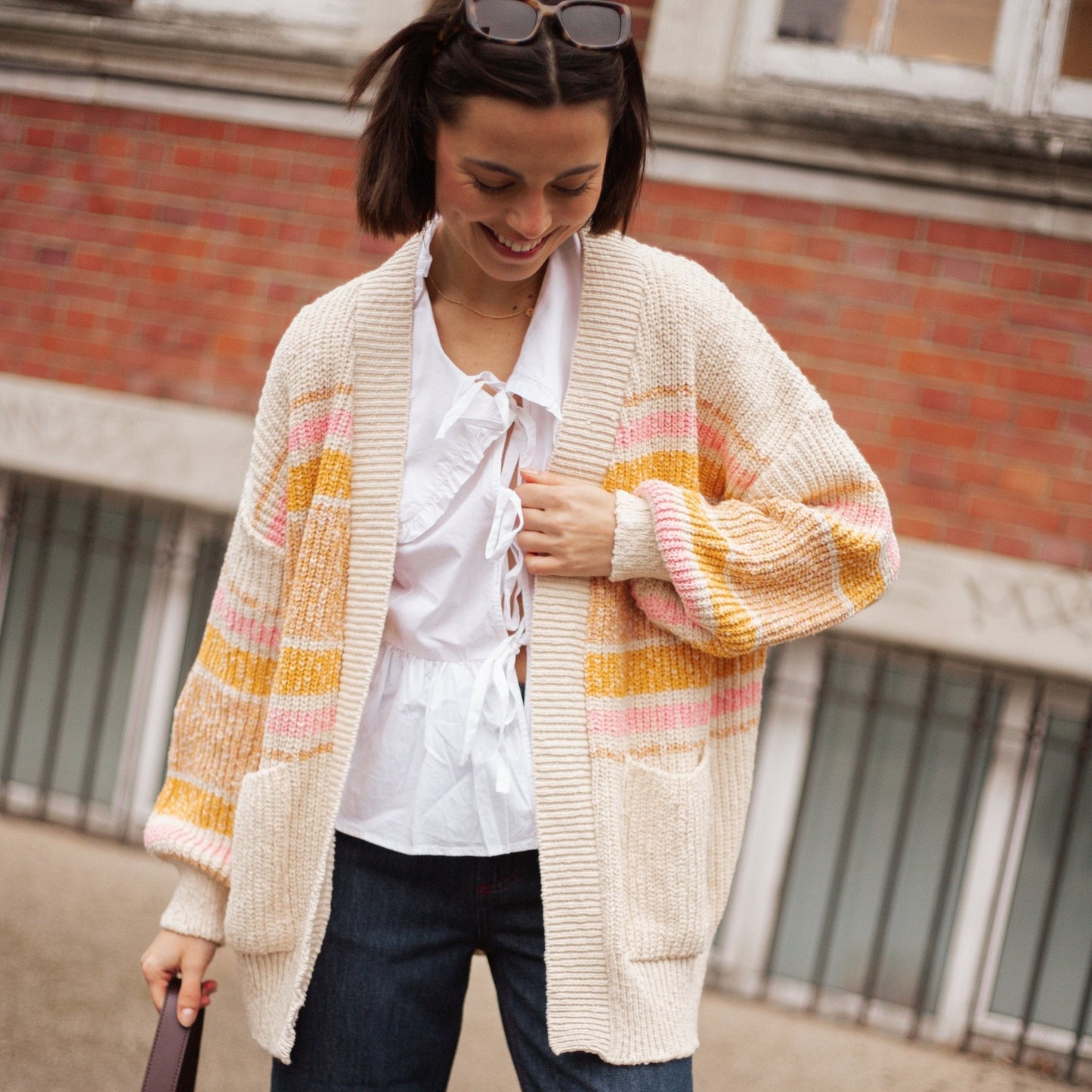 Dani Recycled Cotton Blend Chunky Balloon Sleeve Stripe Cardigan - White