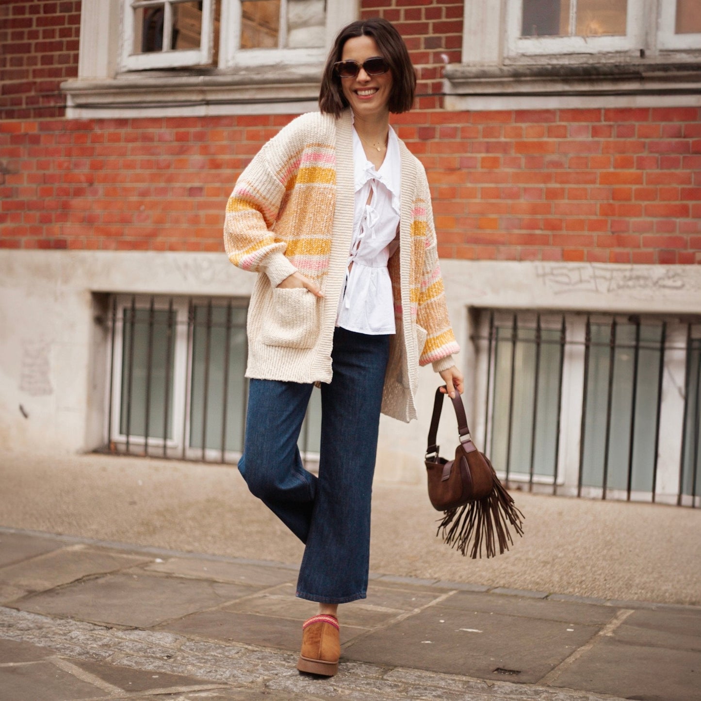 Dani Recycled Cotton Blend Chunky Balloon Sleeve Stripe Cardigan - White