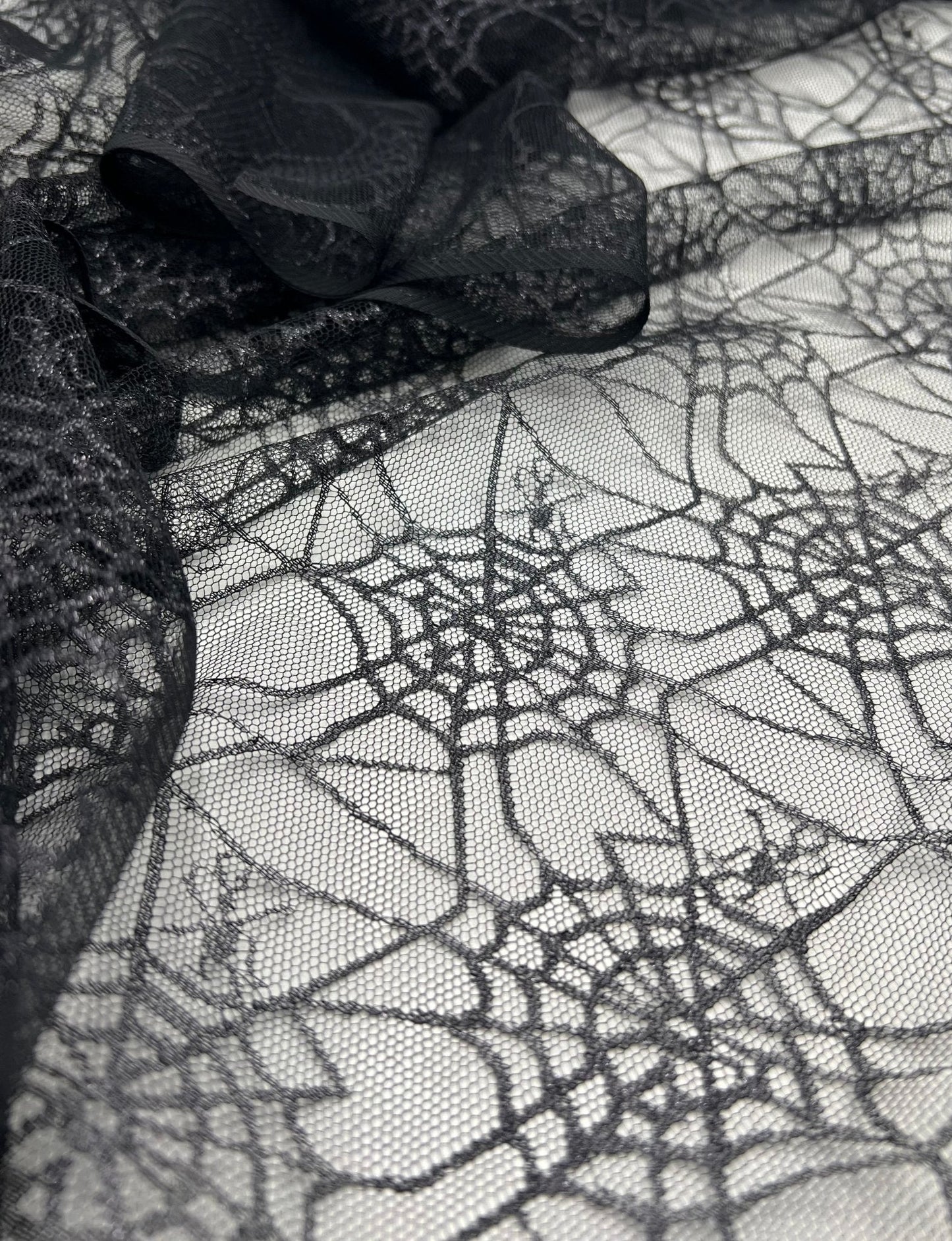 Dark Grey Black Cobweb Halloween Print Mesh Fabric Stretch