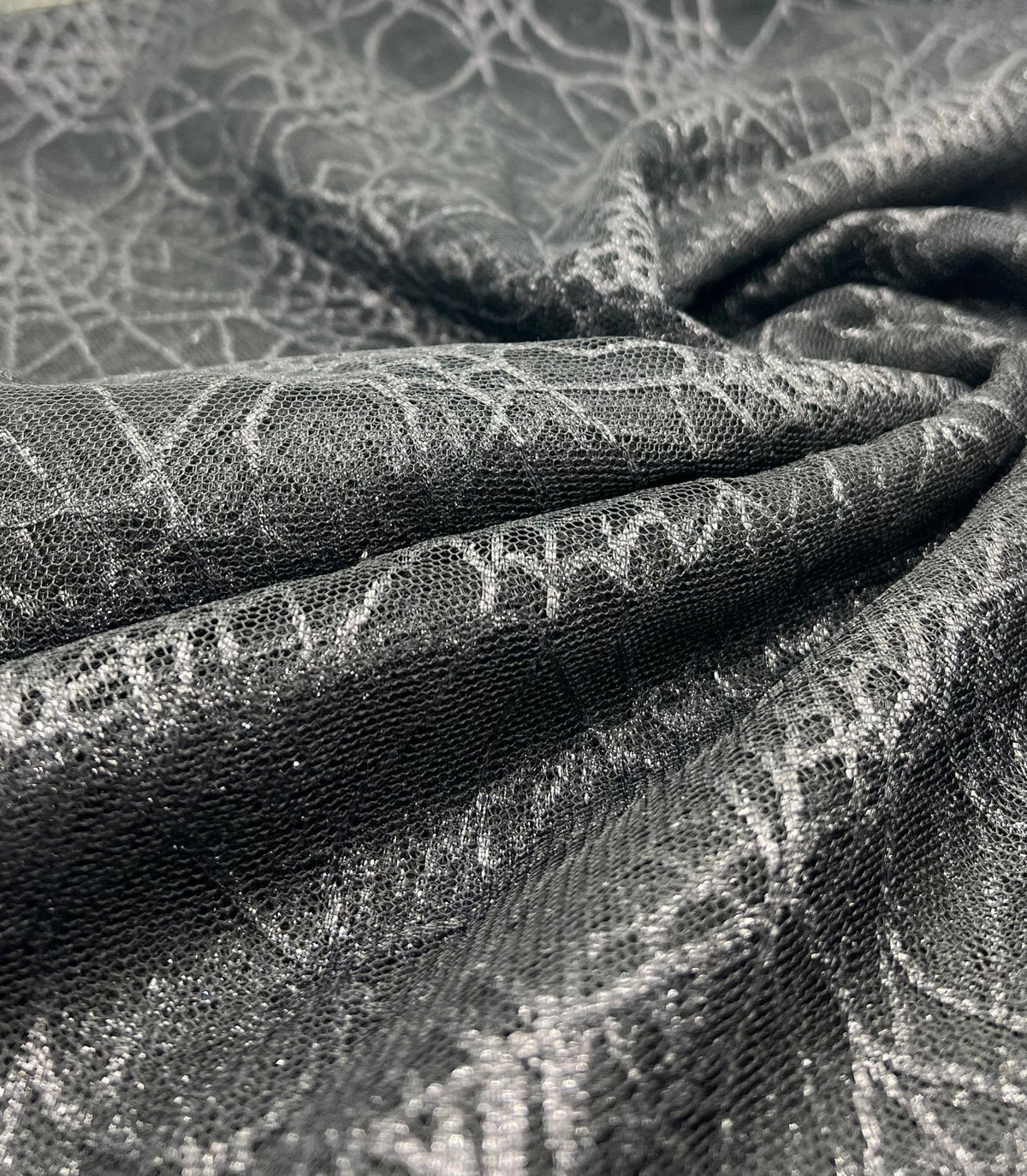 Dark Grey Black Cobweb Halloween Print Mesh Fabric Stretch