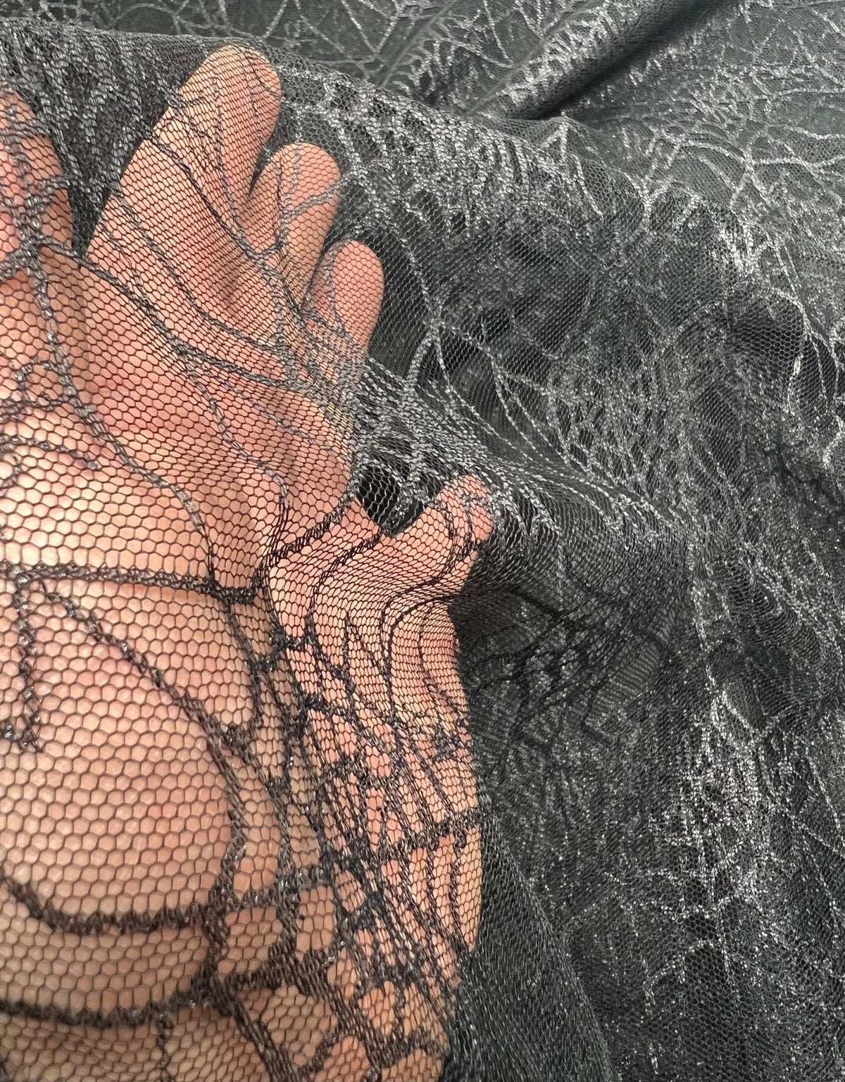 Dark Grey Black Cobweb Halloween Print Mesh Fabric Stretch