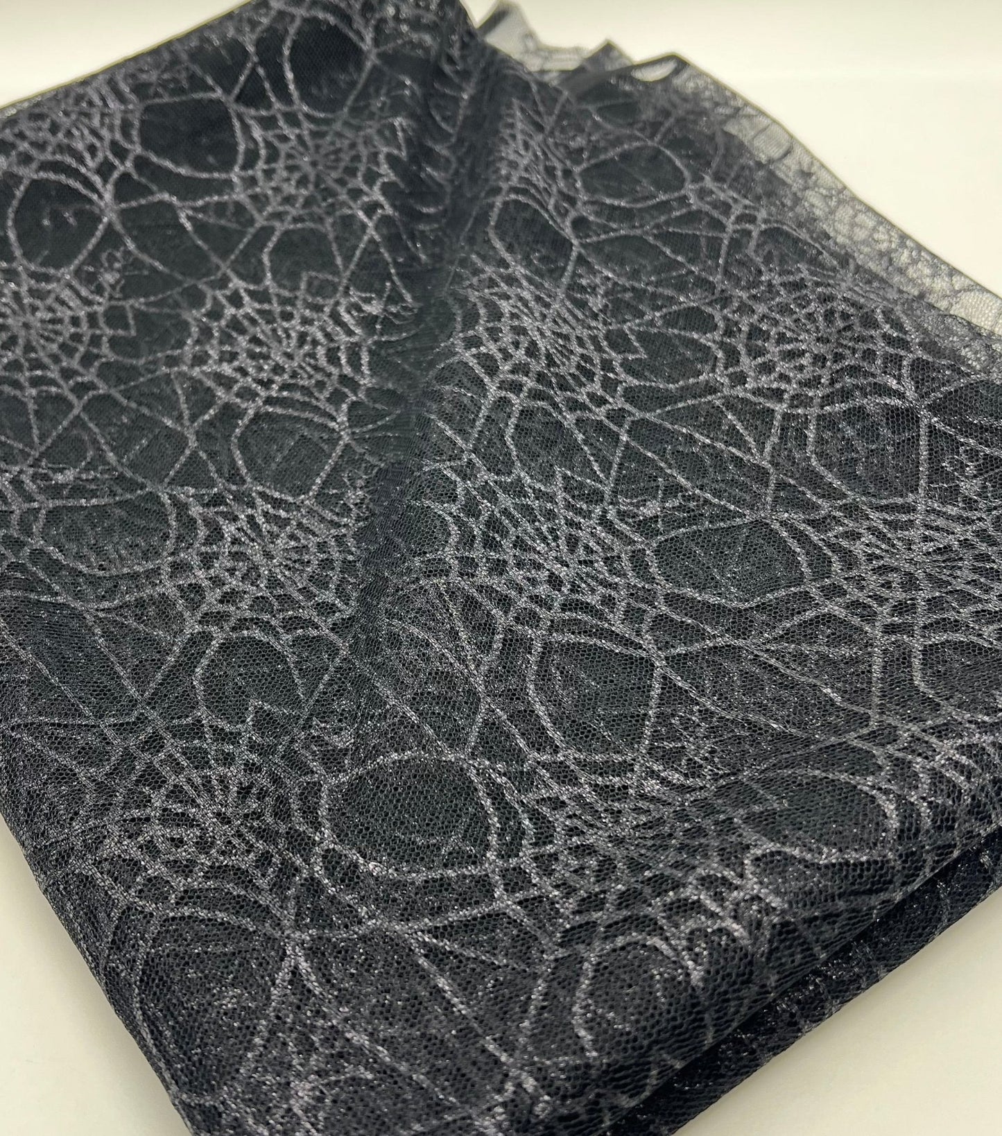 Dark Grey Black Cobweb Halloween Print Mesh Fabric Stretch
