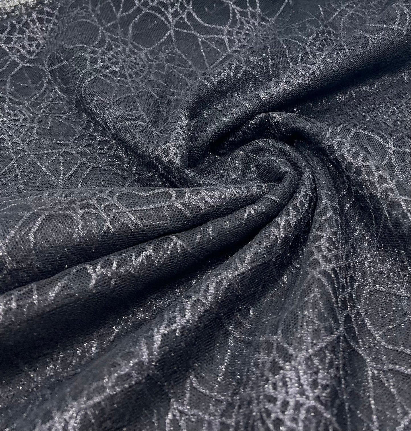 Dark Grey Black Cobweb Halloween Print Mesh Fabric Stretch