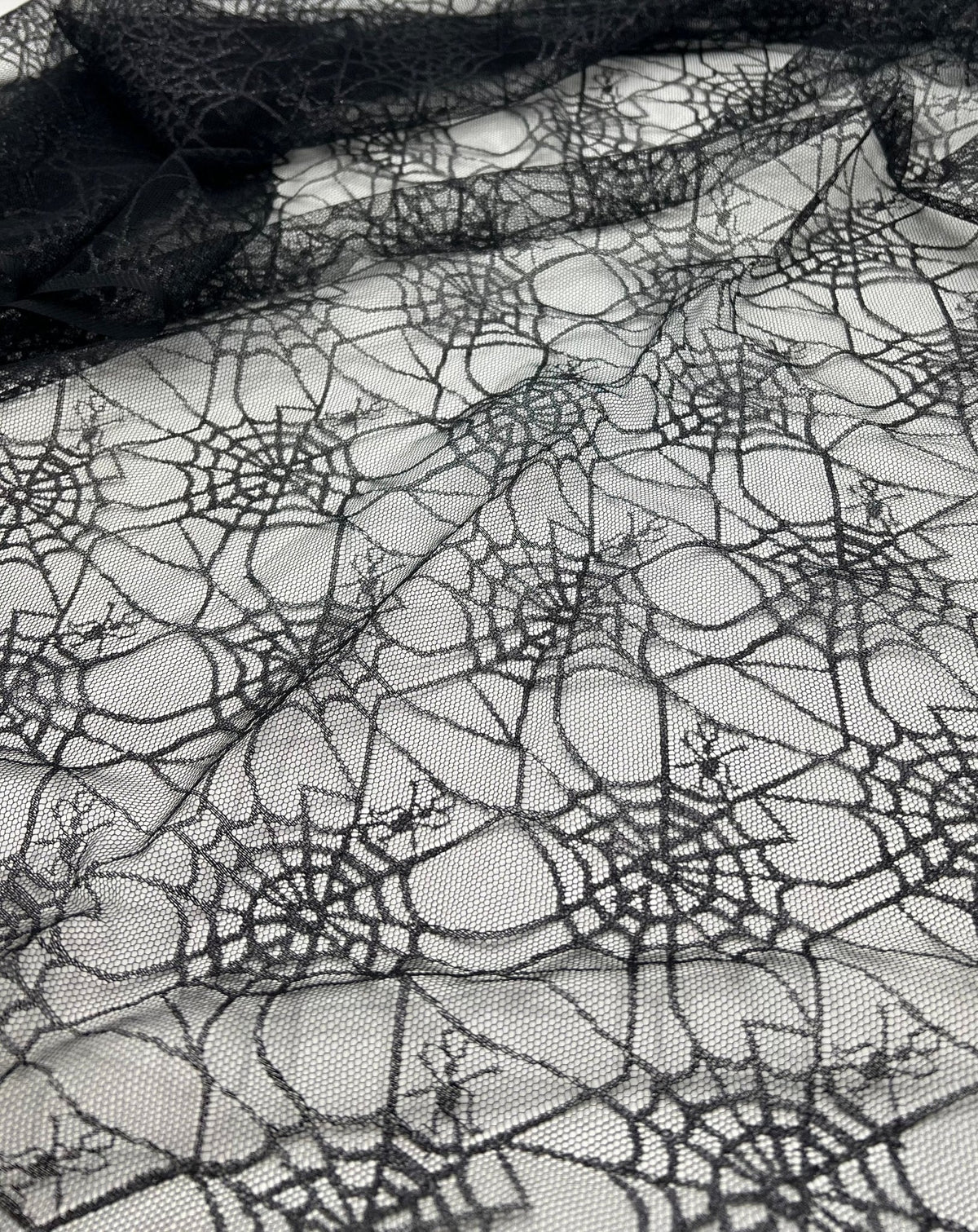 Dark Grey Black Cobweb Halloween Print Mesh Fabric Stretch