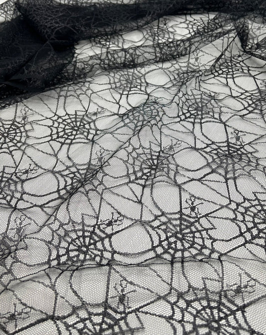 Dark Grey Black Cobweb Halloween Print Mesh Fabric Stretch