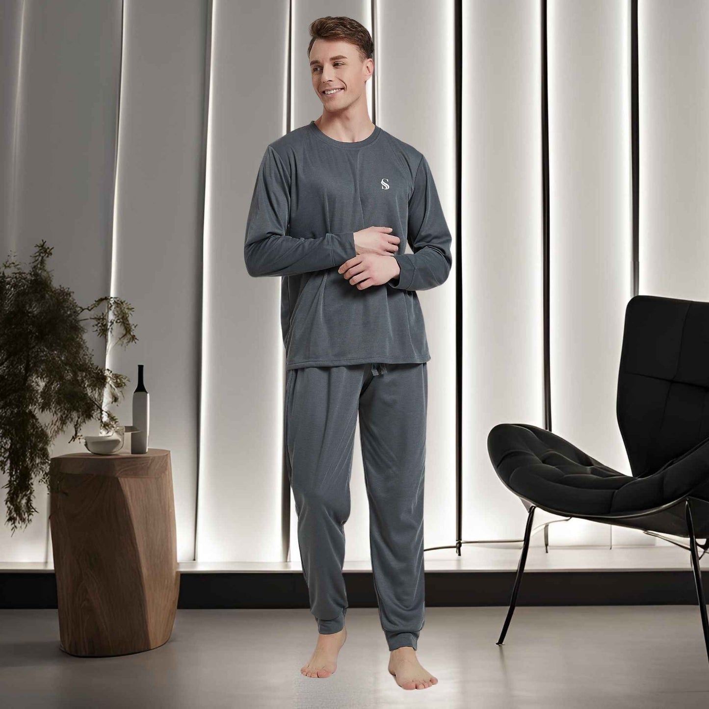 Men's Dark Grey Loungewear Set with Long Sleeve Pyjamas for Ultimate Comfort