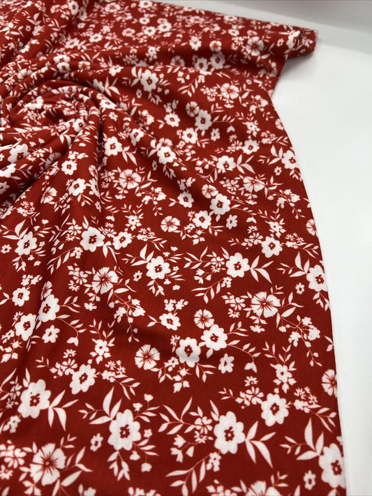 Dark Red Ditsy Floral Print Spun Poly Stretch Fabric