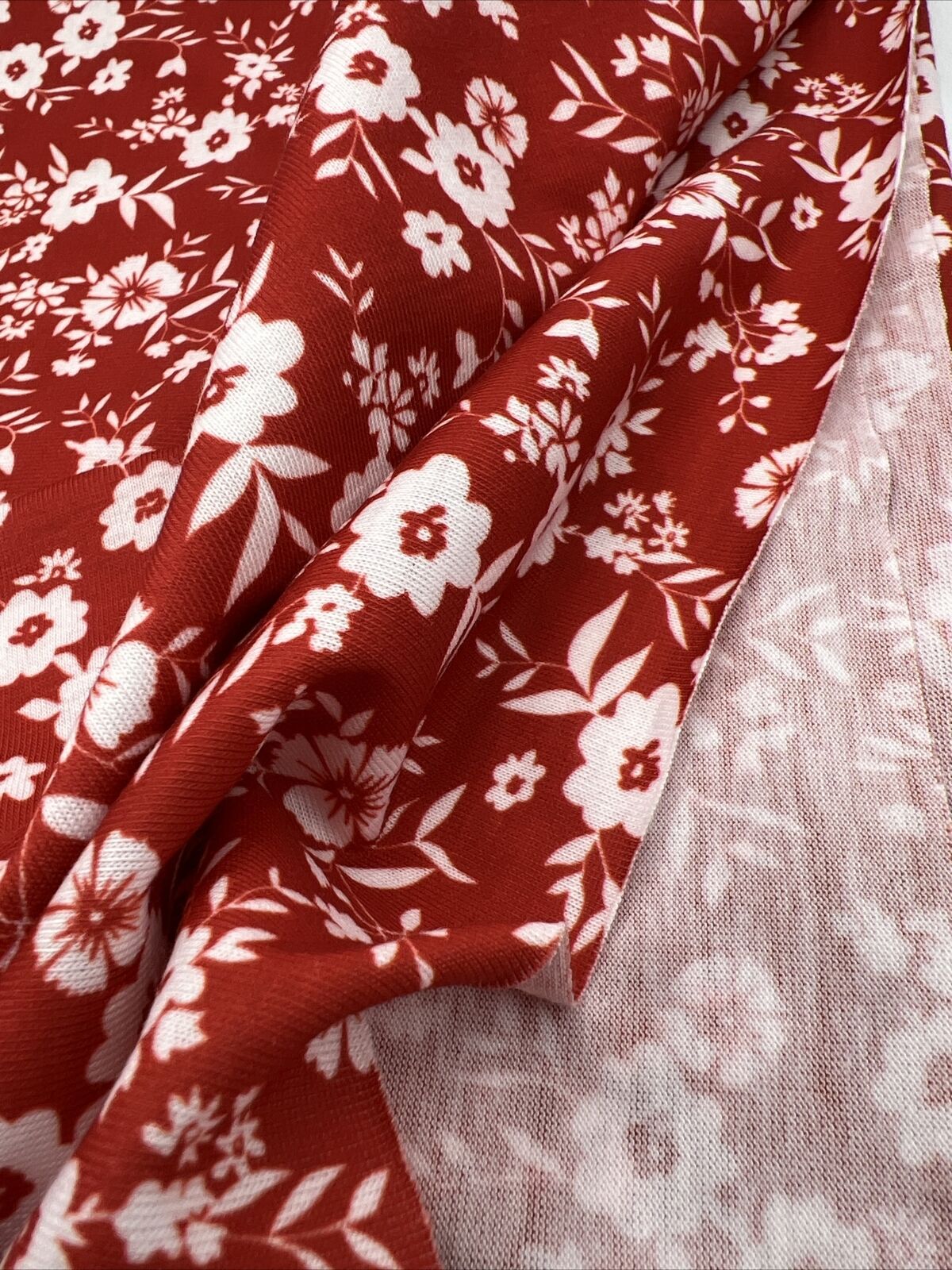 Dark Red Ditsy Floral Print Spun Poly Stretch Fabric