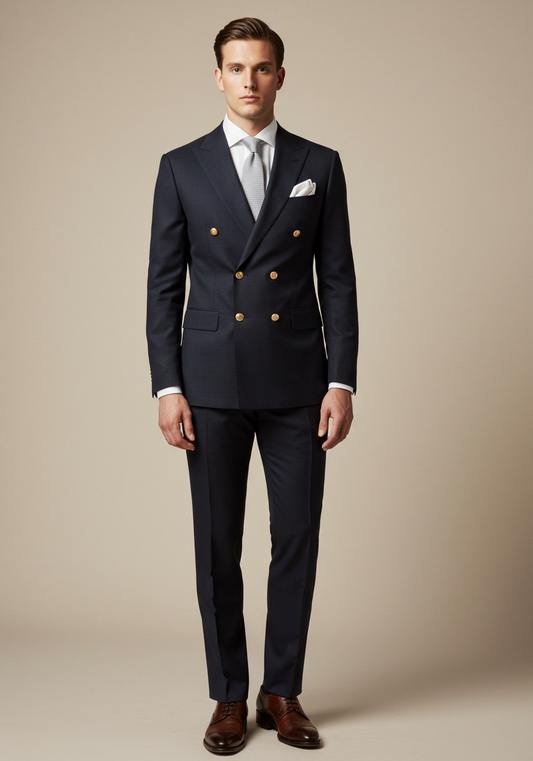 Dark Navy Double Breasted Suit with Gold Button