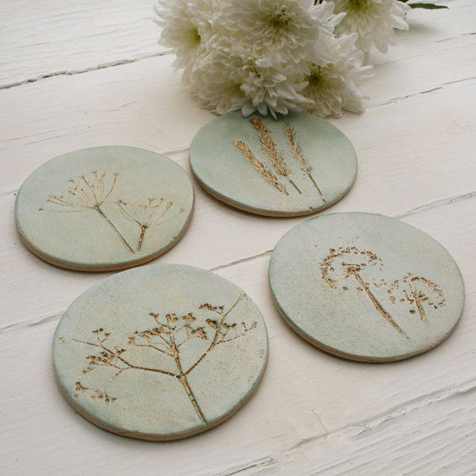 Juliet Reeves Green and Gold Wild Flower Ceramic Coasters Set of 4