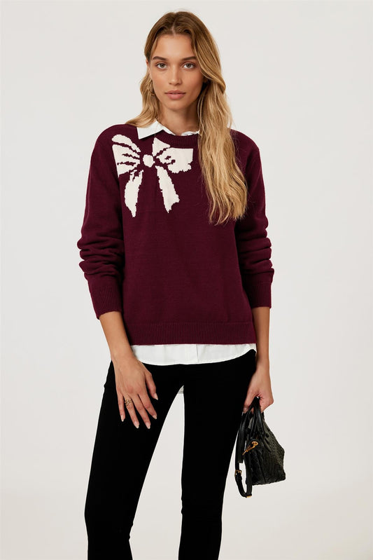 Bowknot Pattern On Shoulder Knit Jumper Top In Wine