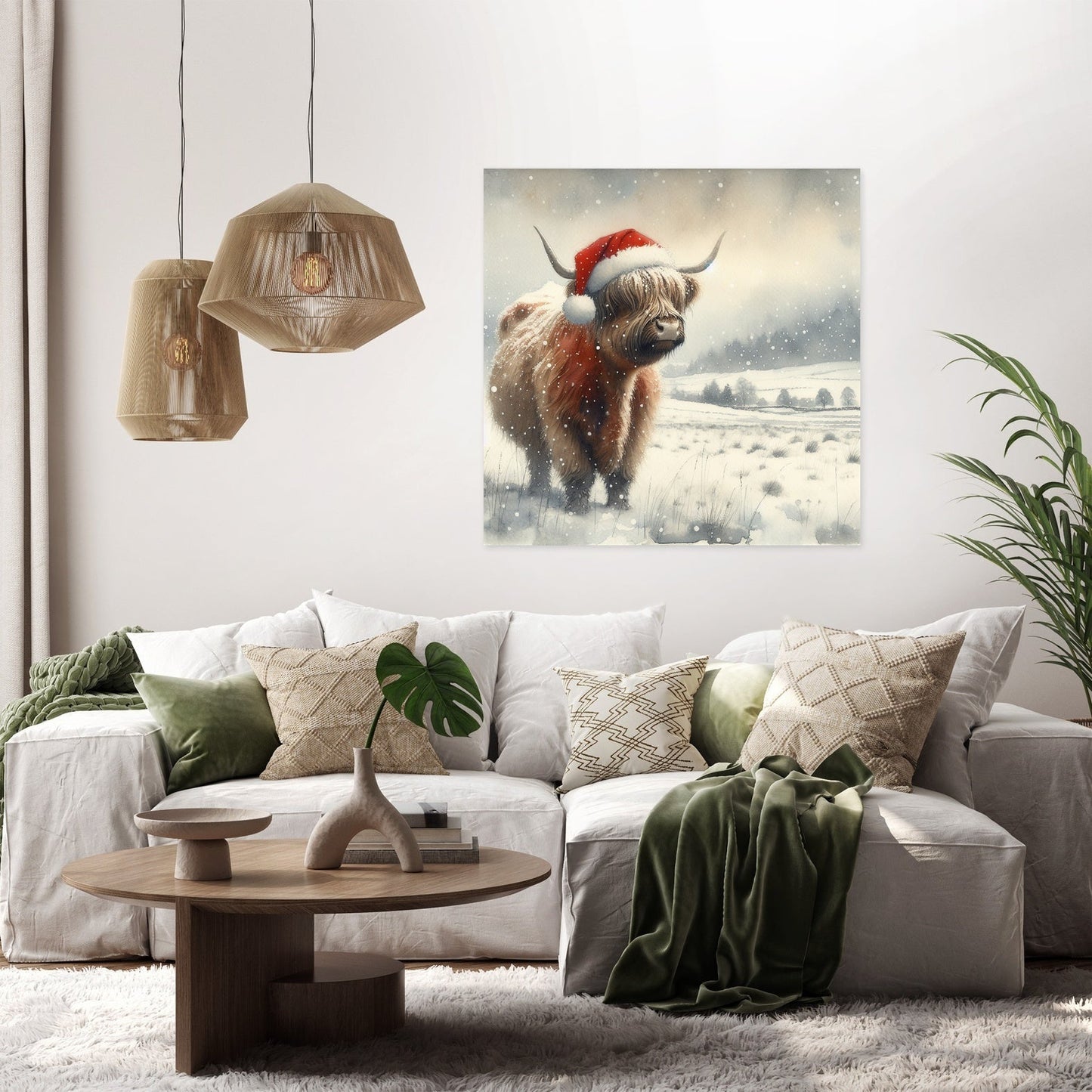 Highland Christmas Cow Watercolour Canvas