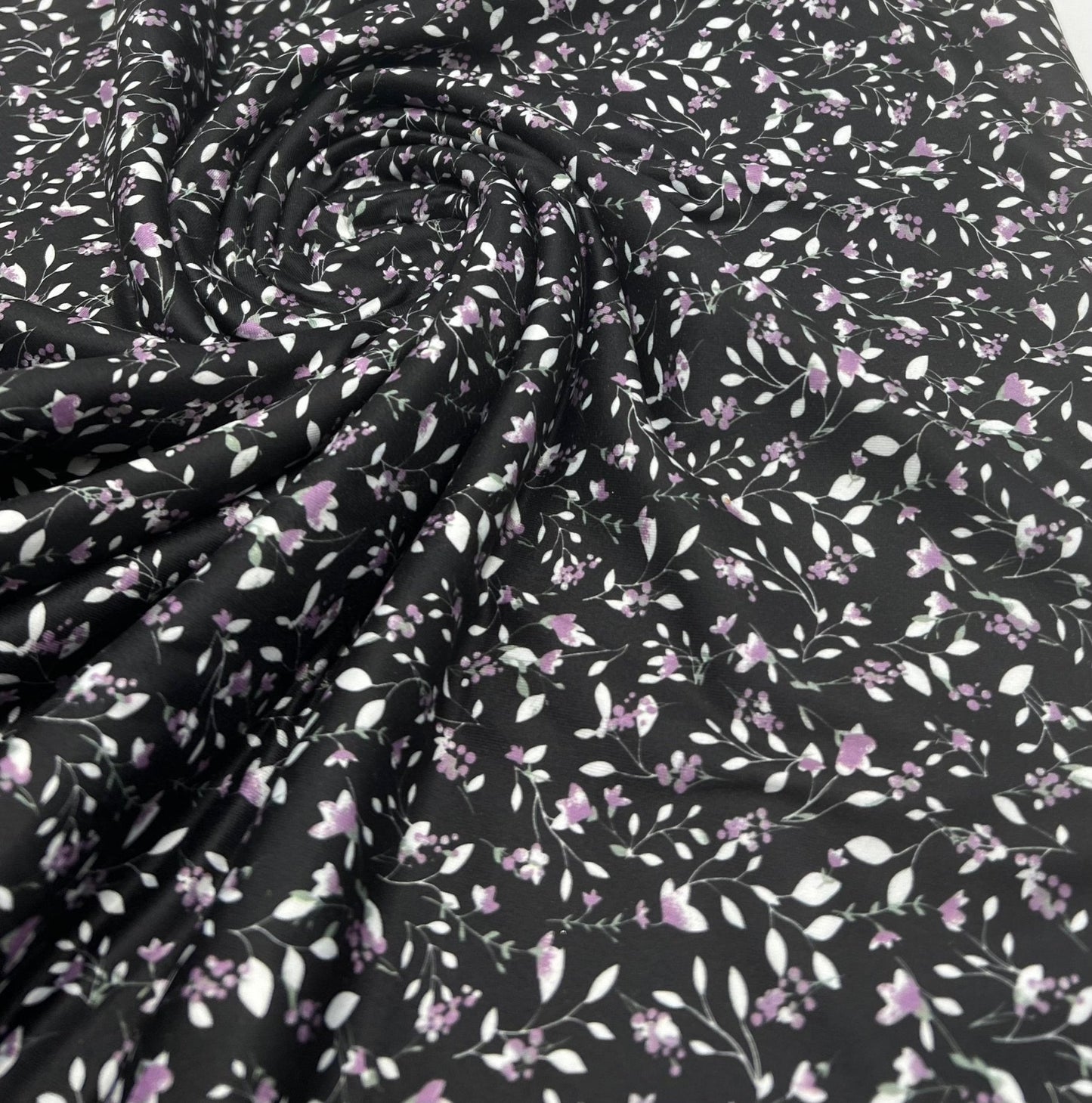 Delicate Violet Floral Print Spun Poly Stretch Fabric