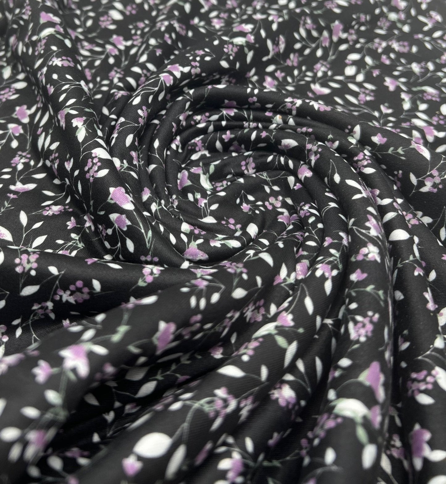 Delicate Violet Floral Print Spun Poly Stretch Fabric