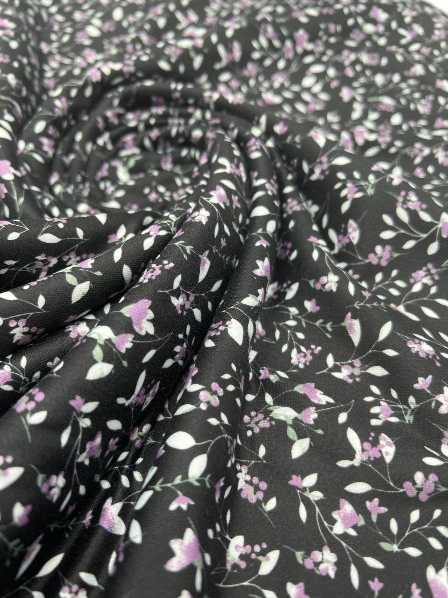 Delicate Violet Floral Print Spun Poly Stretch Fabric