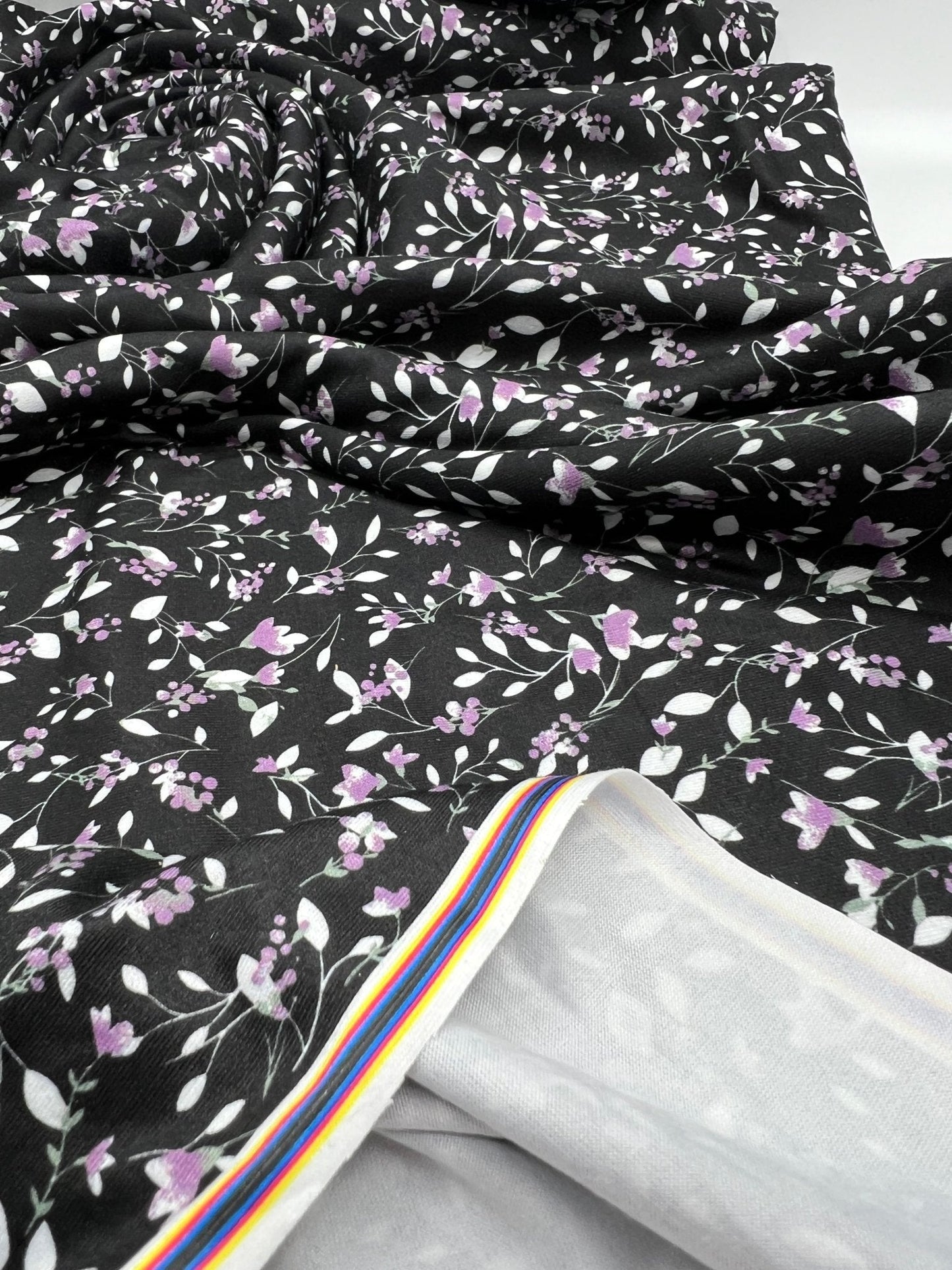 Delicate Violet Floral Print Spun Poly Stretch Fabric