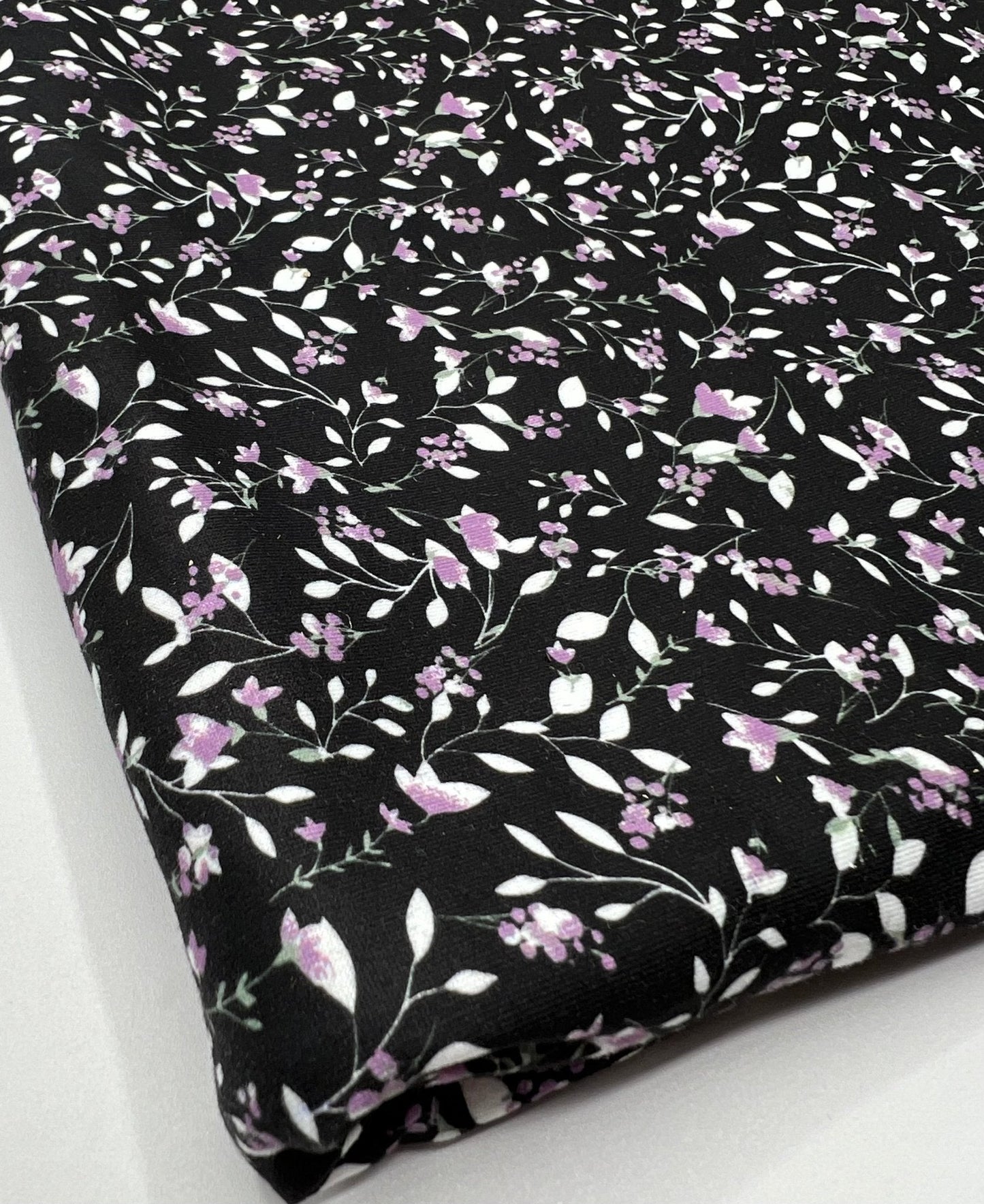 Delicate Violet Floral Print Spun Poly Stretch Fabric