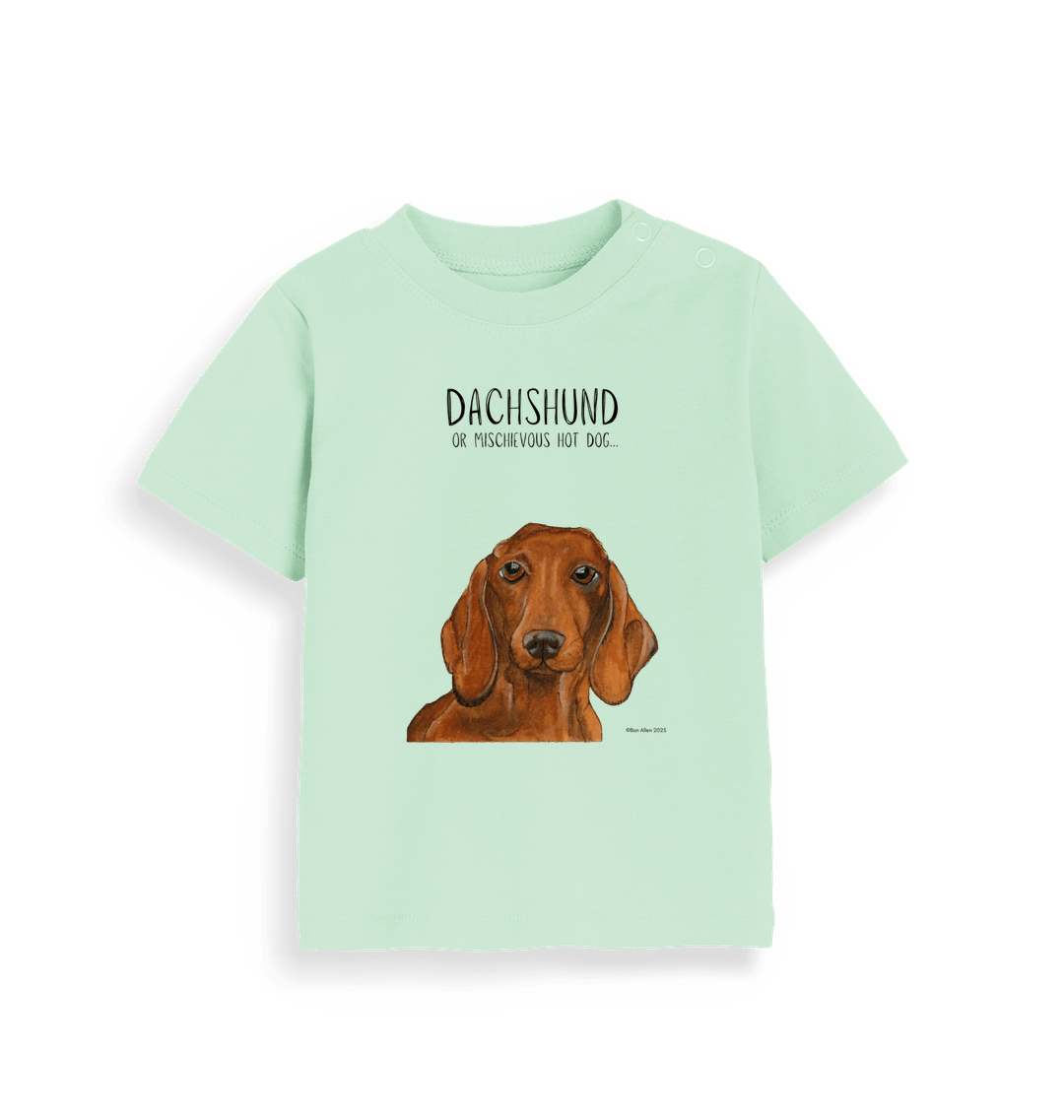 Mischievous Hot Dog Baby Tee – Small But Mighty! Red Dachshund