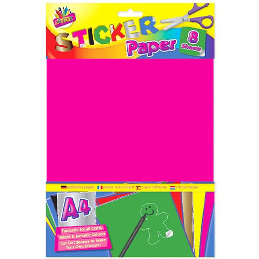 Kid's Pack of 8 A4 Sticker Paper Sheets in Bright & Metallic Colours