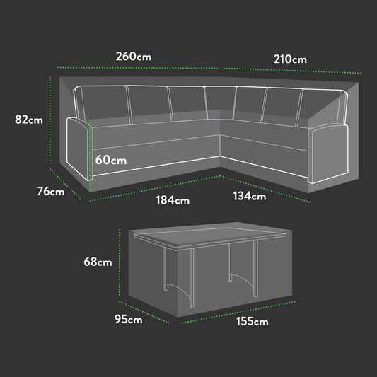 Premium Modular Medium L Shaped Dining Cover (left side long) - 260/184 X 210/134 X 76 (D) X 60/82 (H)
Table: 155 X 95 X 68 H