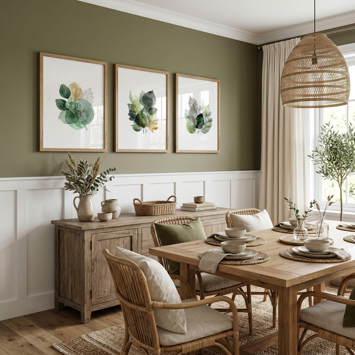 Dining Room Art Farmhouse Botanical Leaves Green & Gold-Toned Wall Art Prints | Set of 3