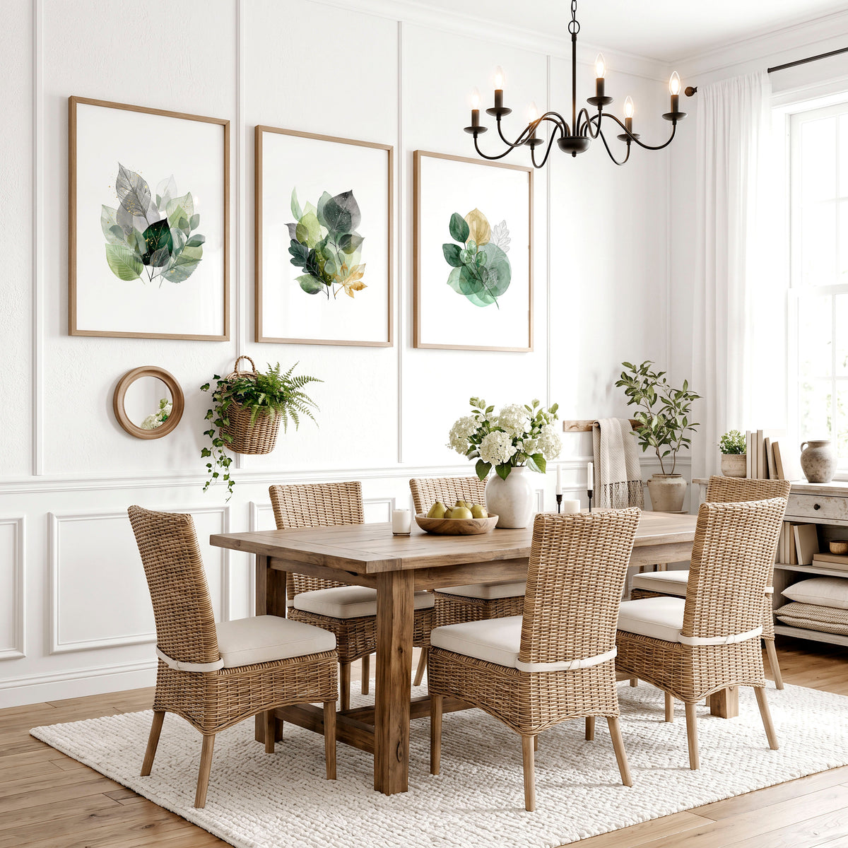 Dining Room Art Farmhouse Botanical Leaves Green & Gold-Toned Wall Art Prints | Set of 3