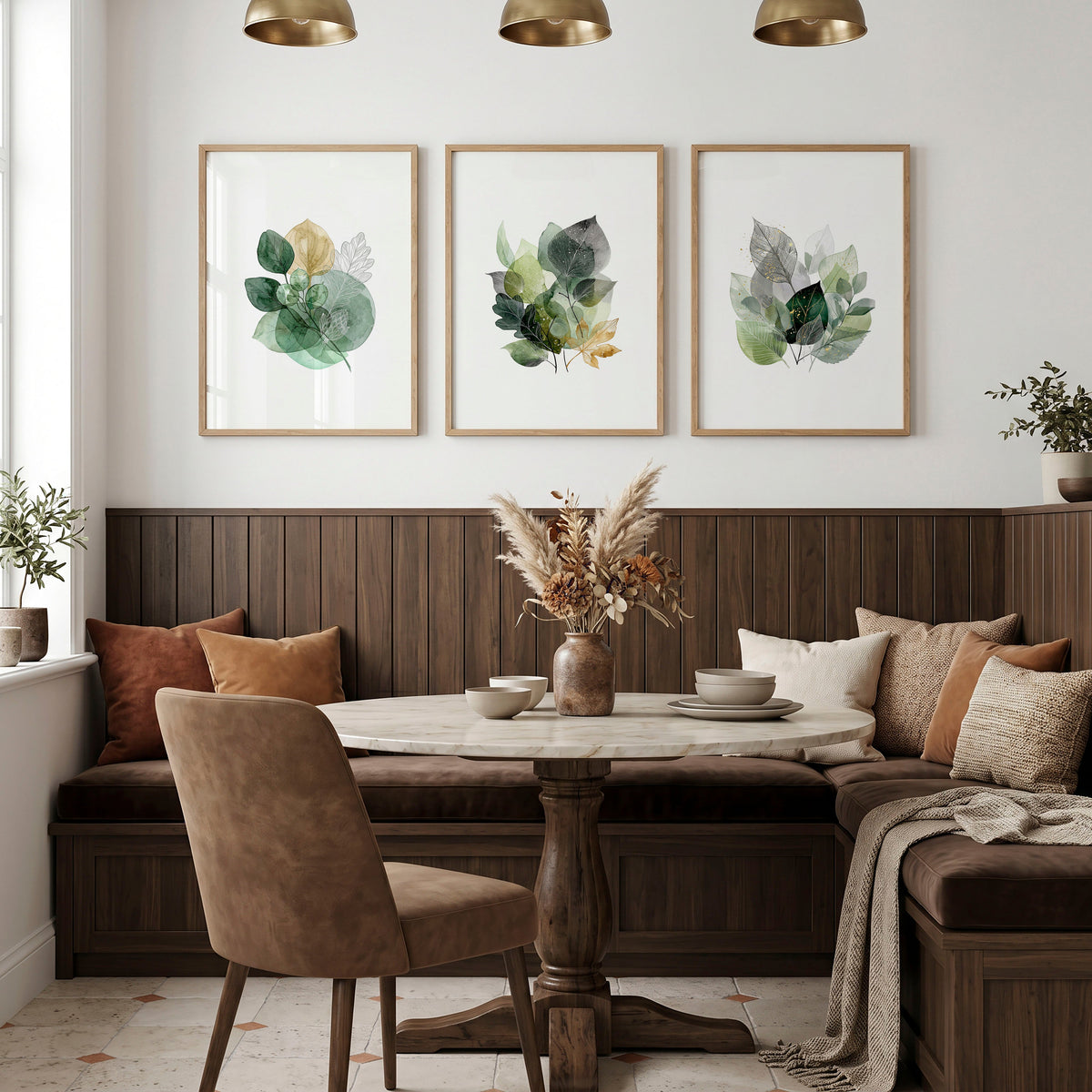 Dining Room Art Farmhouse Botanical Leaves Green & Gold-Toned Wall Art Prints | Set of 3