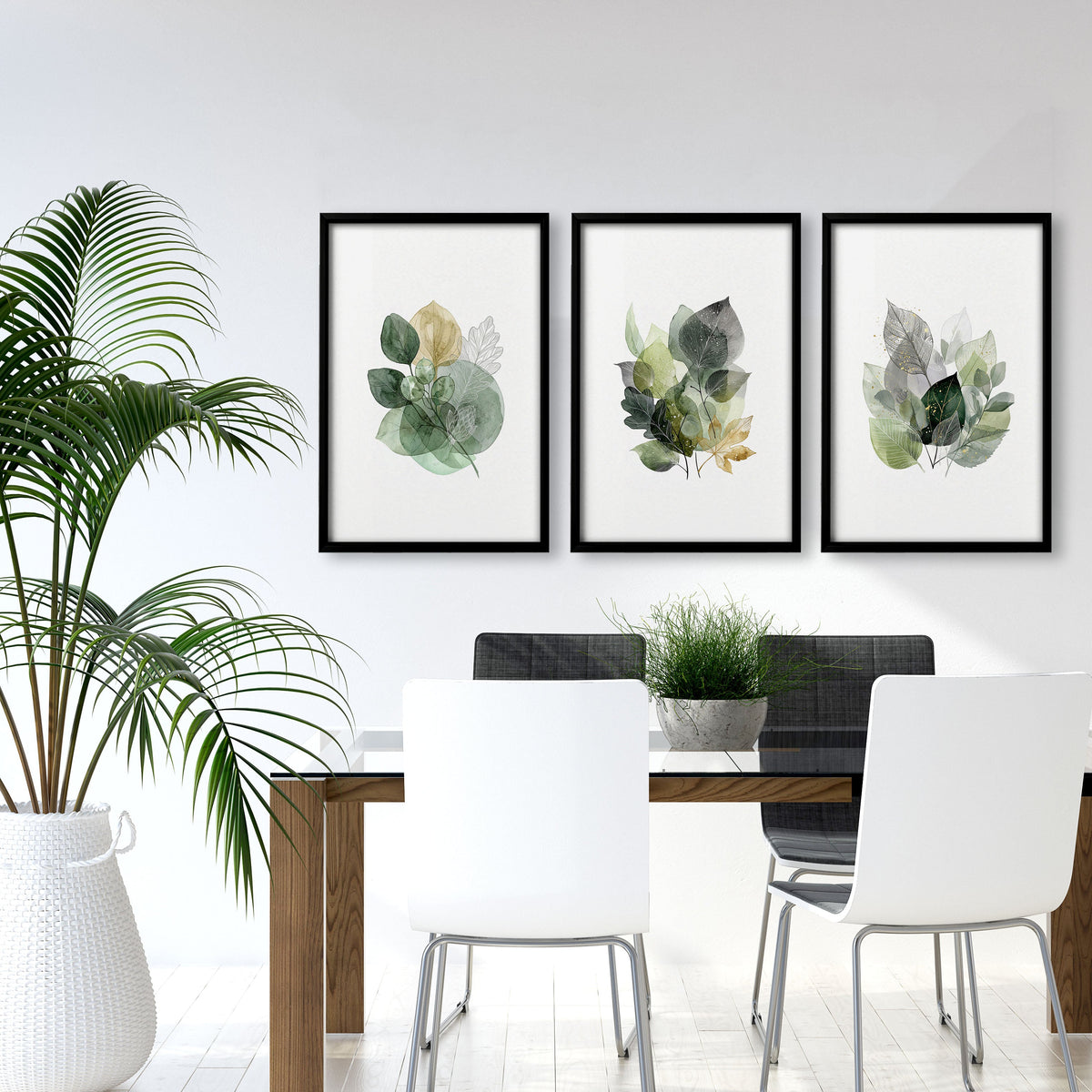 Dining Room Art Farmhouse Botanical Leaves Green & Gold-Toned Wall Art Prints | Set of 3