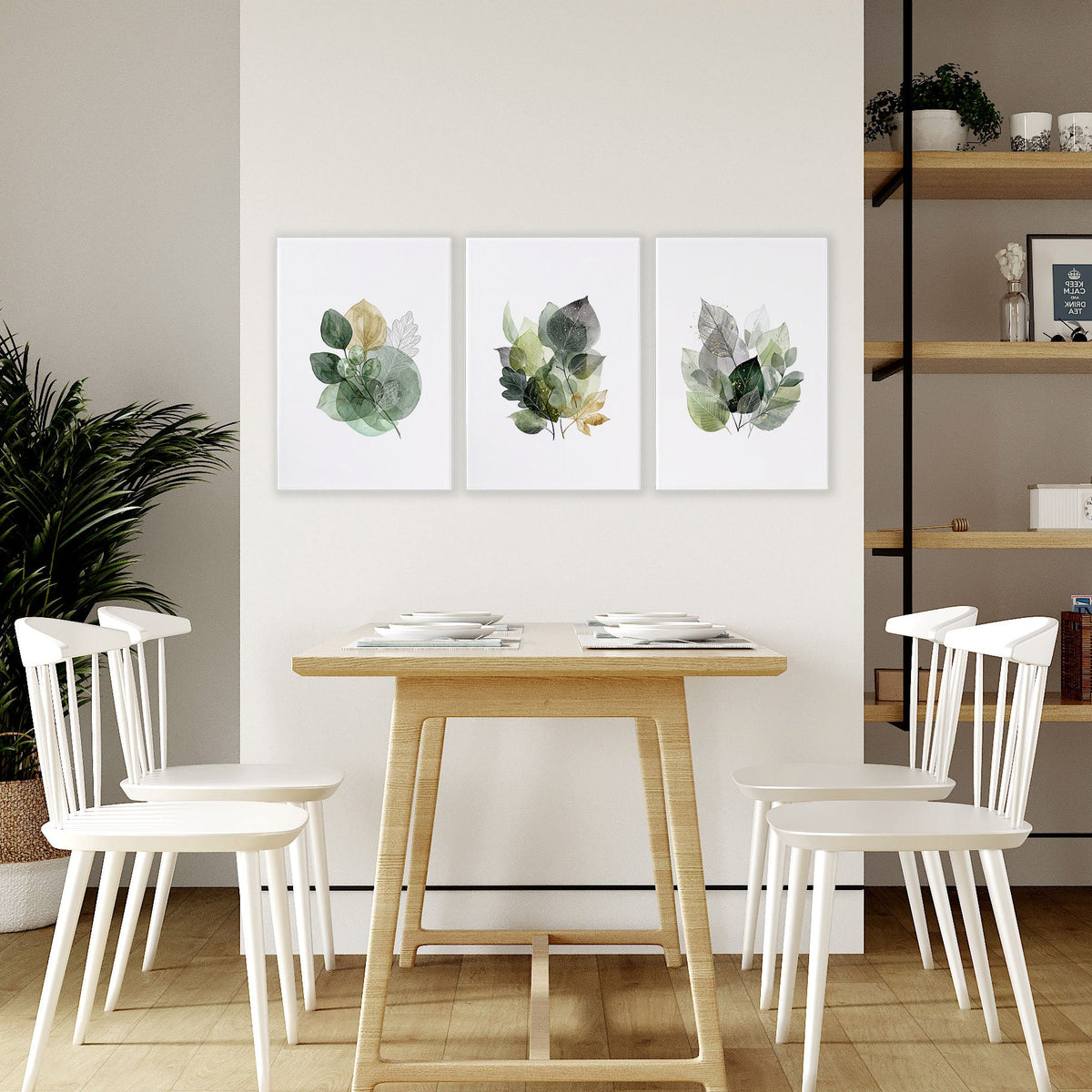 Dining Room Art Farmhouse Botanical Leaves Green & Gold-Toned Wall Art Prints | Set of 3