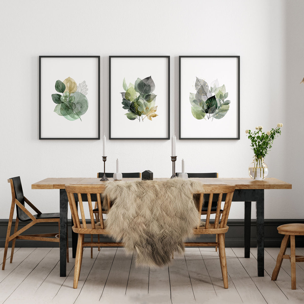 Dining Room Art Farmhouse Botanical Leaves Green & Gold-Toned Wall Art Prints | Set of 3