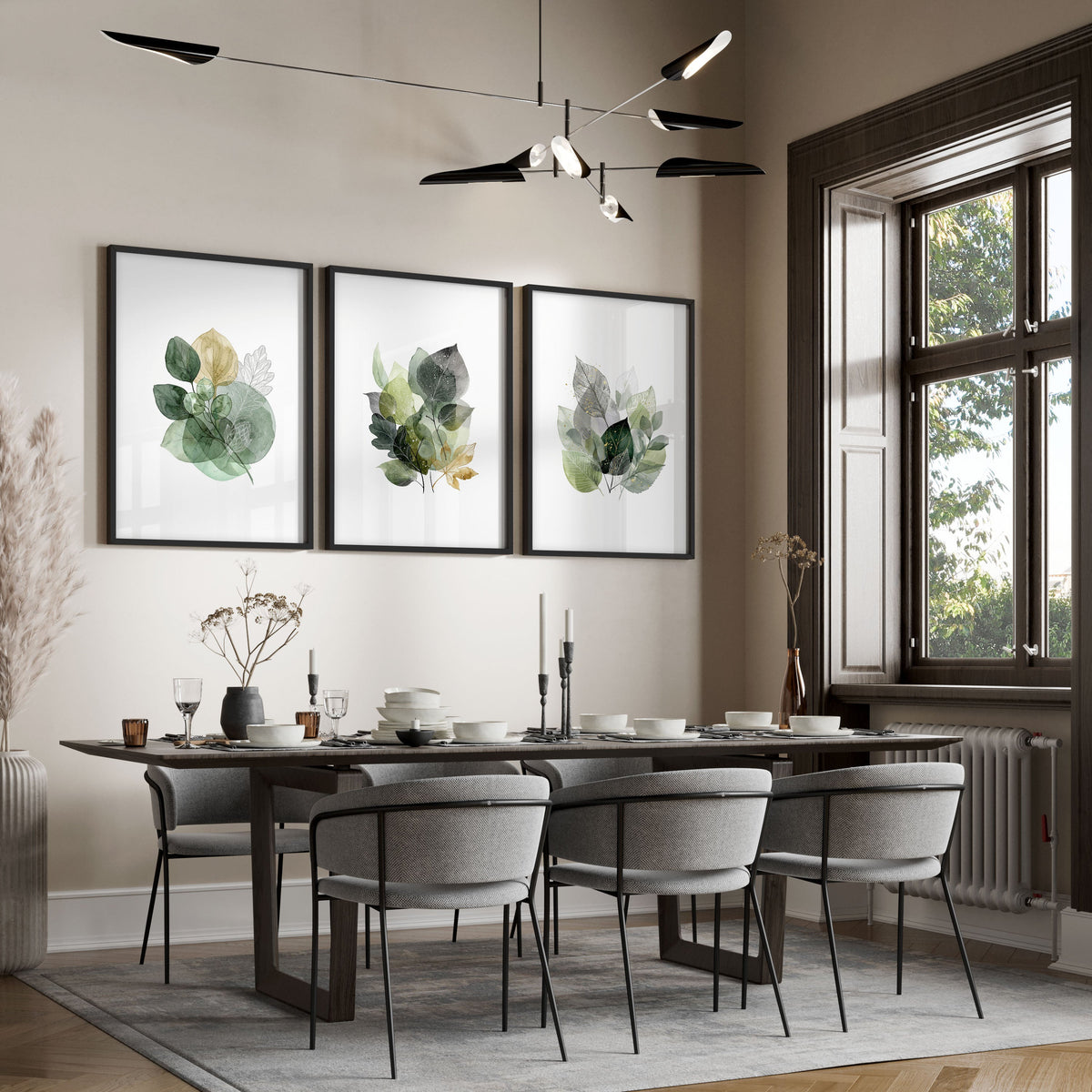 Dining Room Art Farmhouse Botanical Leaves Green & Gold-Toned Wall Art Prints | Set of 3