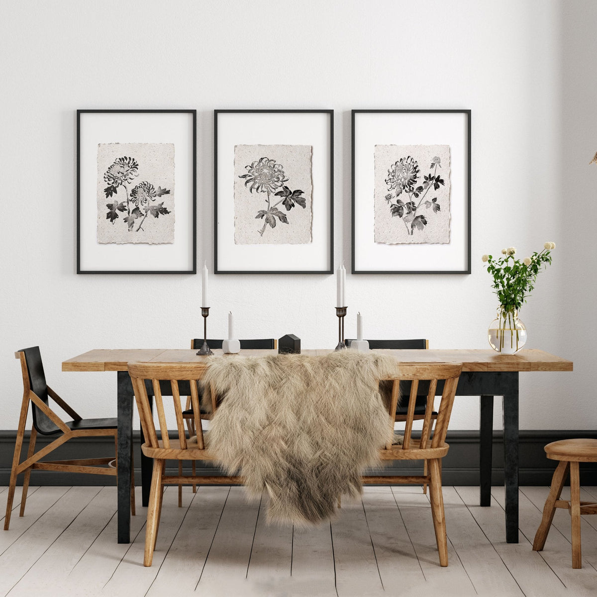 Dining Room Paintings Botanical Chrysanthemum Ink Study Wall Art Prints | Set of 3