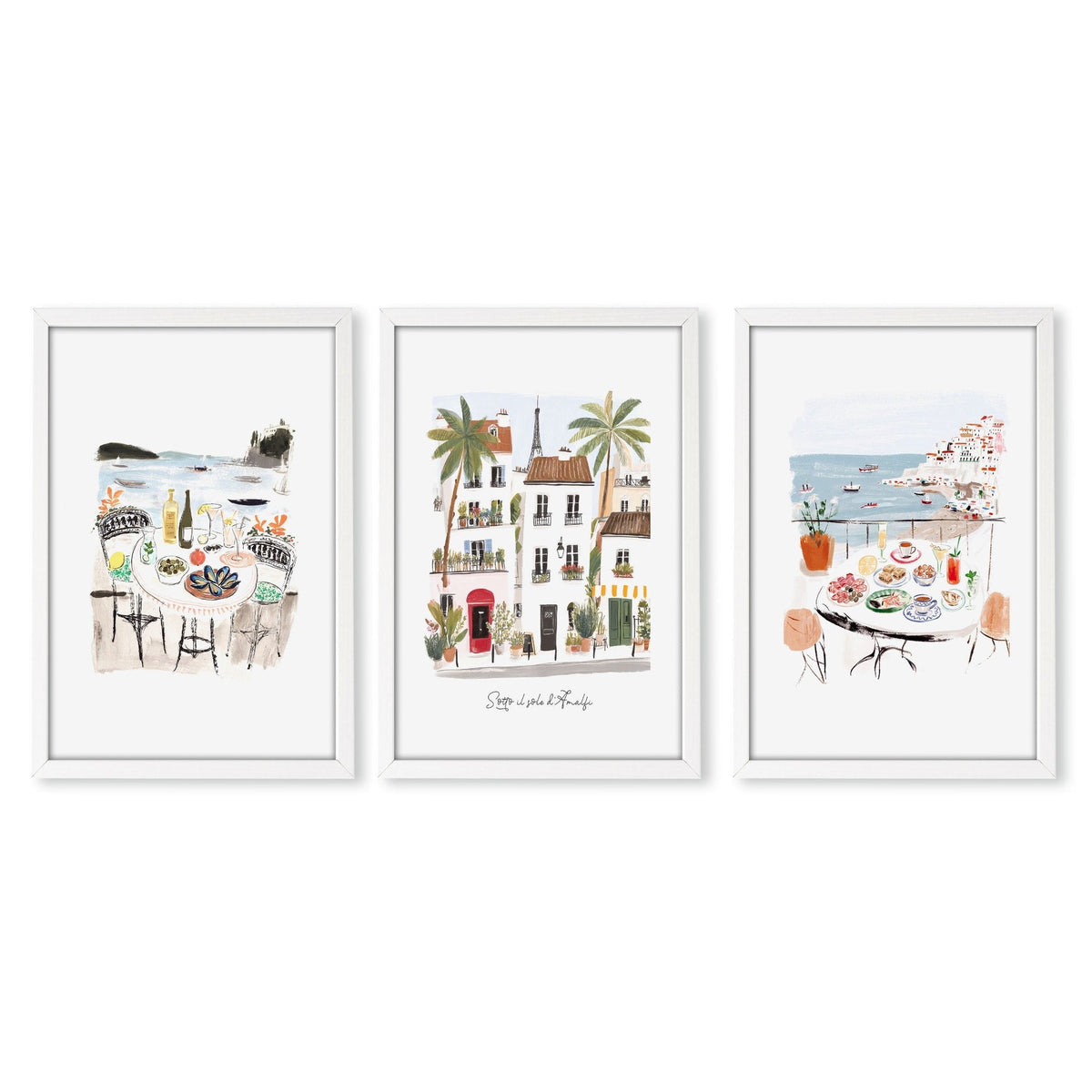 Beach Painting Amalfi Coast Watercolour "Sotto il sole d'Amalfi" Mediterranean Wall Art Prints | Set of 3