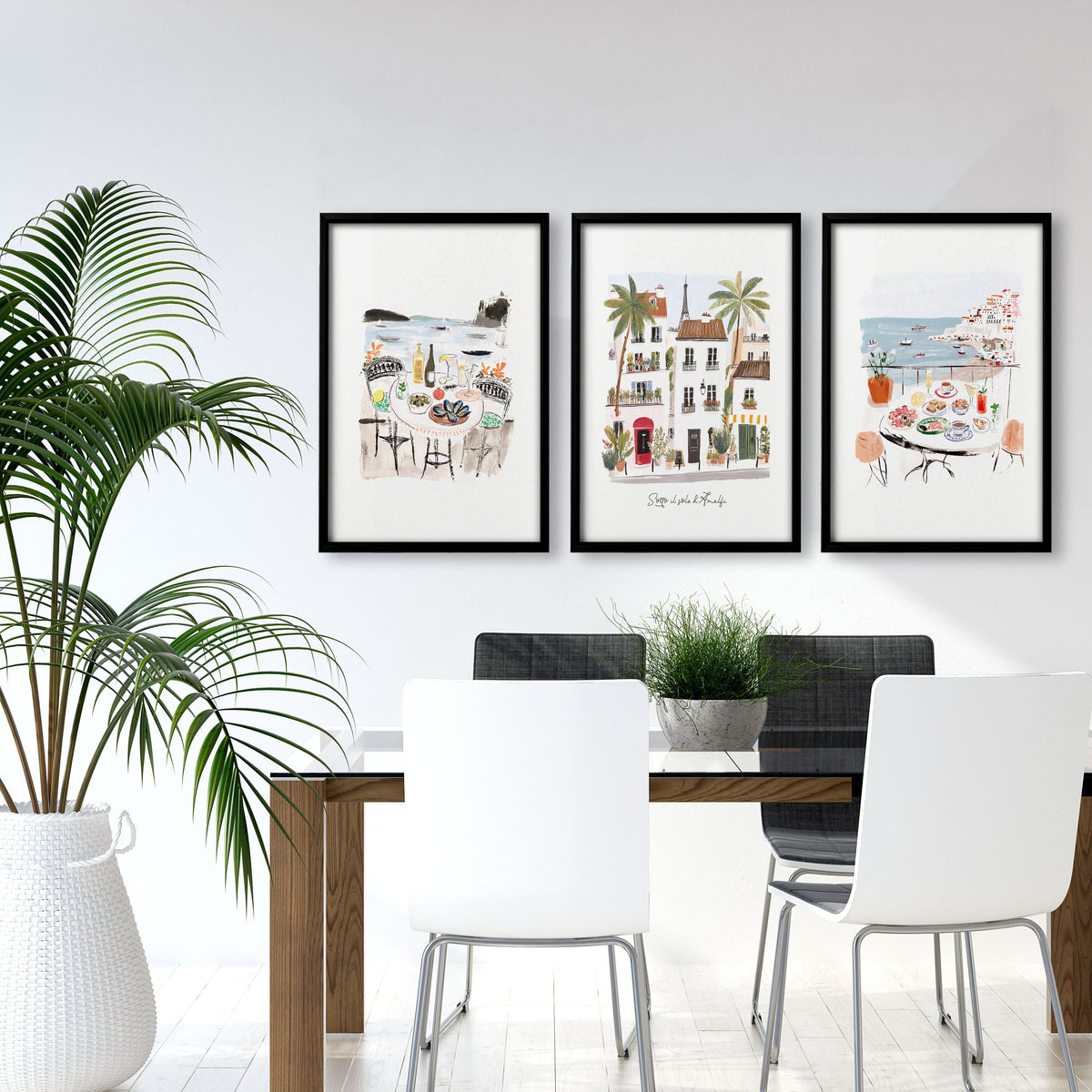 Dining Room Wall Art Amalfi Coast Mediterranean Watercolour Prints "Sotto il sole di Amalfi" | Set of 3