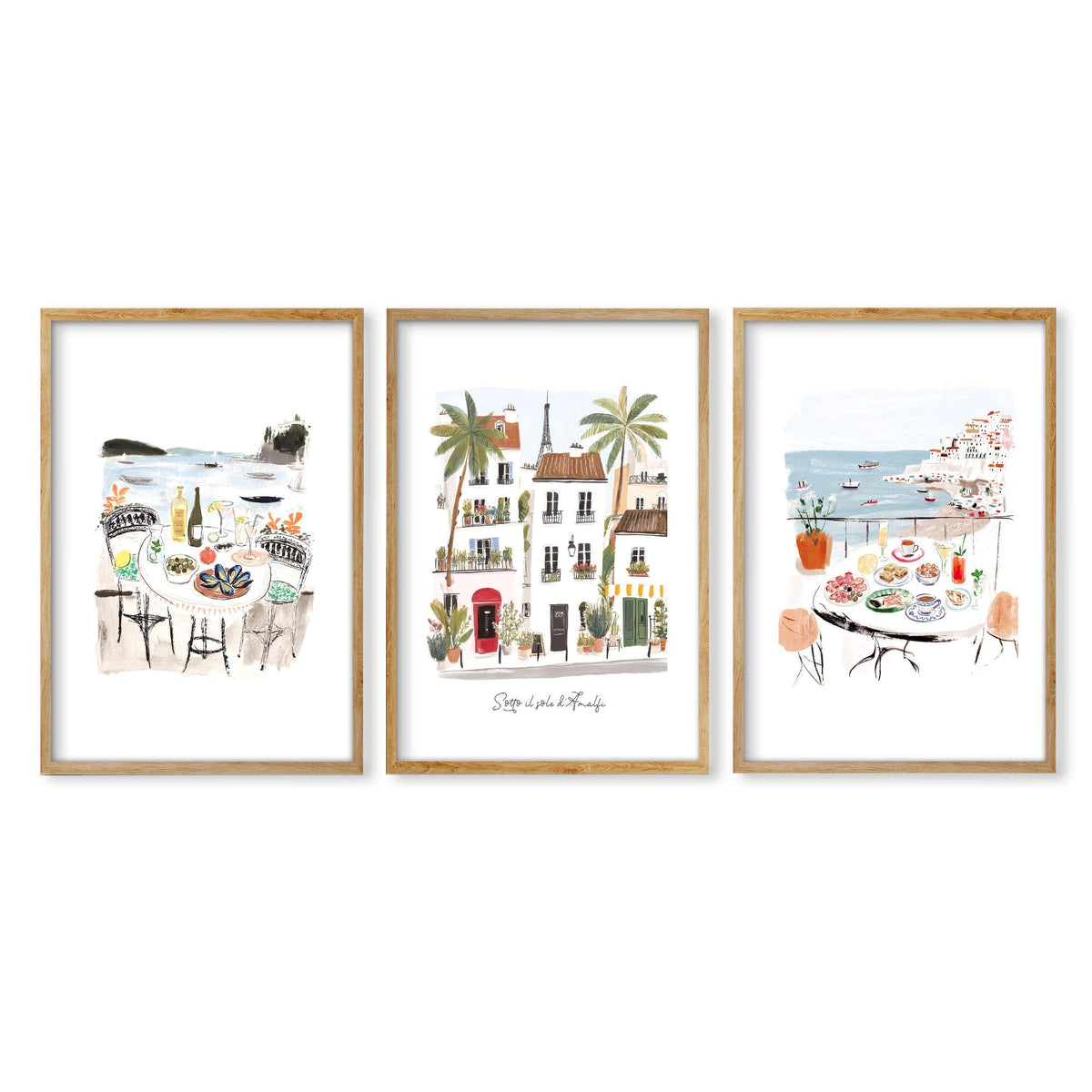 Beach Painting Amalfi Coast Watercolour "Sotto il sole d'Amalfi" Mediterranean Wall Art Prints | Set of 3