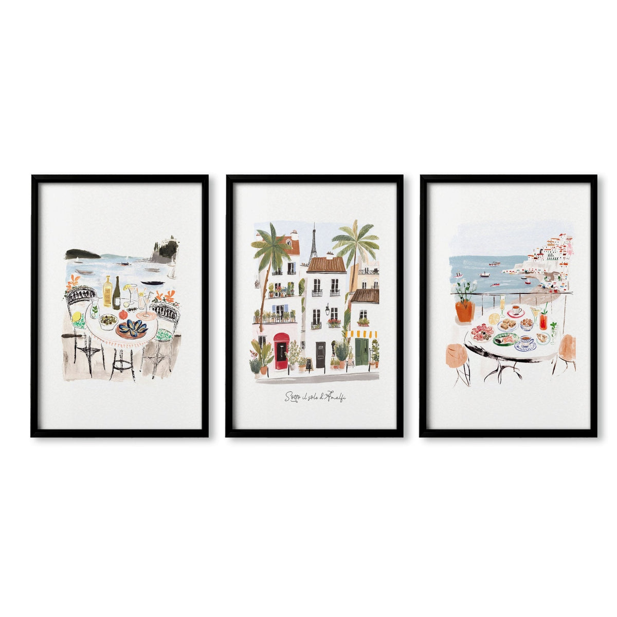 Artwork for a Living Room Mediterranean Coastal Watercolour "Sotto il sole di Amalfi" | Set of 3