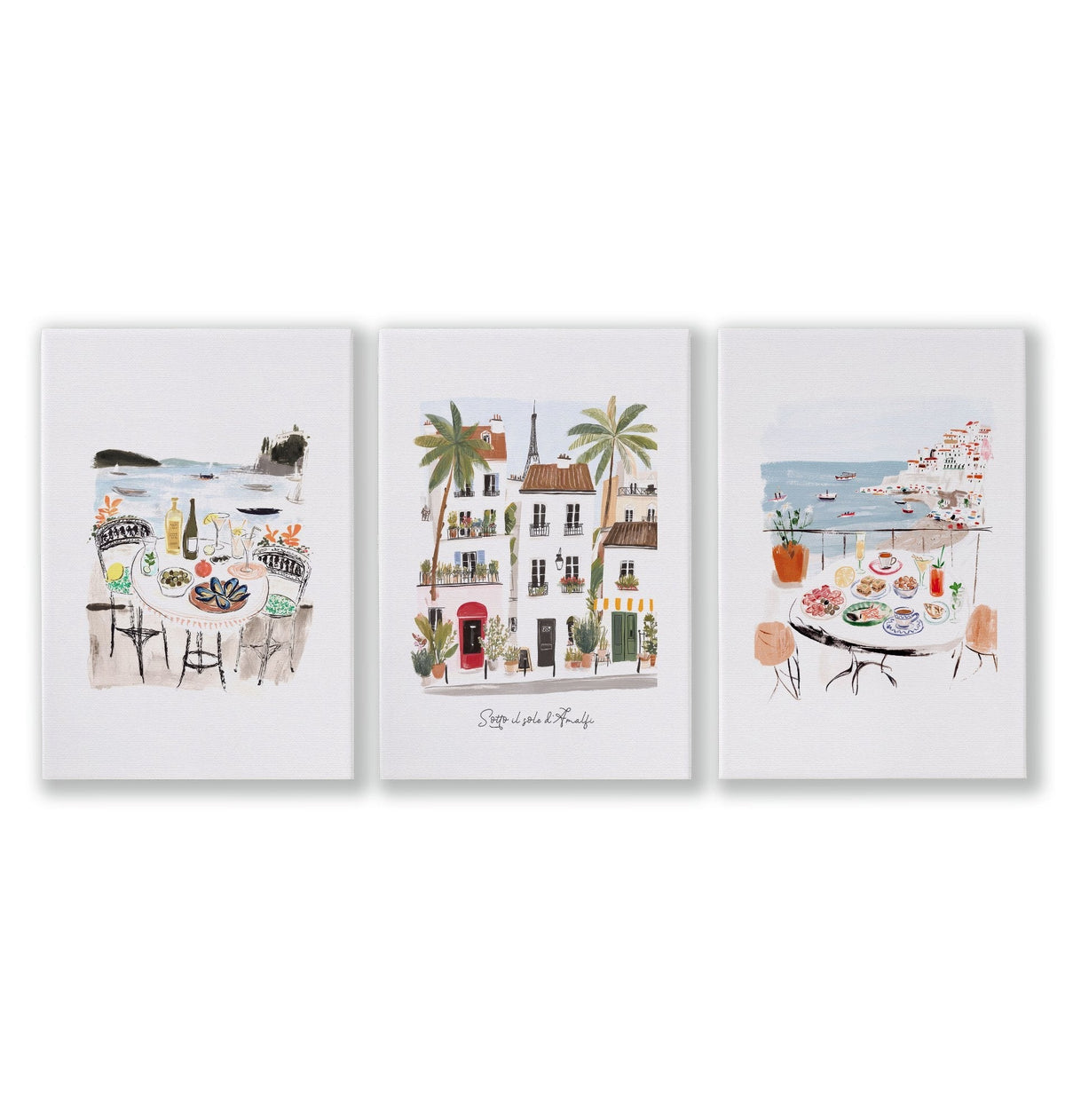Beach Painting Amalfi Coast Watercolour "Sotto il sole d'Amalfi" Mediterranean Wall Art Prints | Set of 3