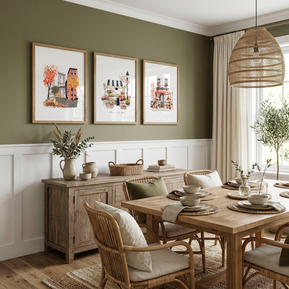 Dining Room Wall Art Canvas "Autumn in New York" NYC Travel Watercolour Prints | Set of 3